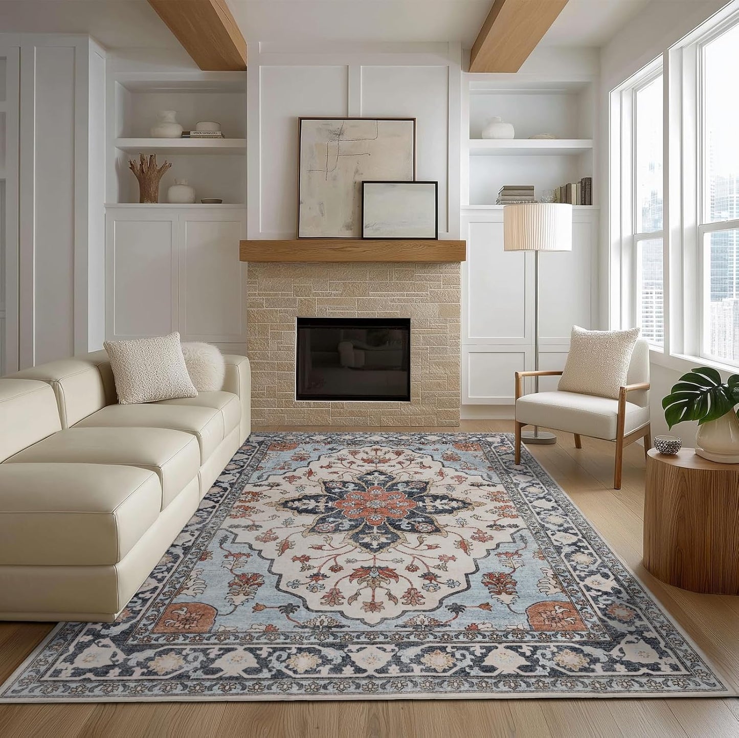 Washable Rugs 5x7 Area Rugs for Living Room, Thin Carpet for Bedroom, Soft Faux Wool Retro Dining Room Rug，Non Slip&Non-Shedding Resistant Low Pile Vintage Print Rug for Home Office (Blue/Gray)