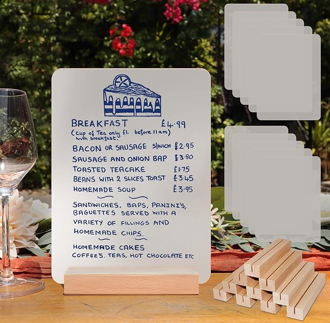 Frosted Blank Acrylic Sign with Wooden Stands - 10 Pack DIY Rectangle Customizable Sign Kit for Wedding Table Numbers, Restaurant Party Bridal Shower (6x8 Inch)