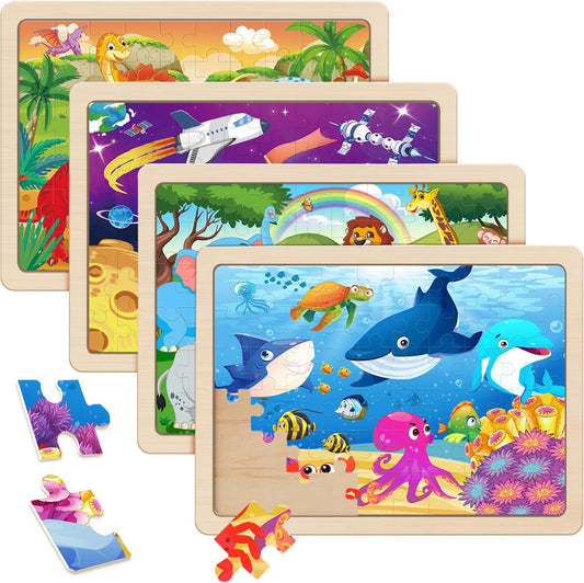 Wooden Puzzles for Kids Ages 4-6, 4 Packs 60 PCs Animal Dinosaur Jigsaw Puzzles for Children Ages 4-8,Preschool Educational Puzzles Boards Toys Gifts for Boys Girls