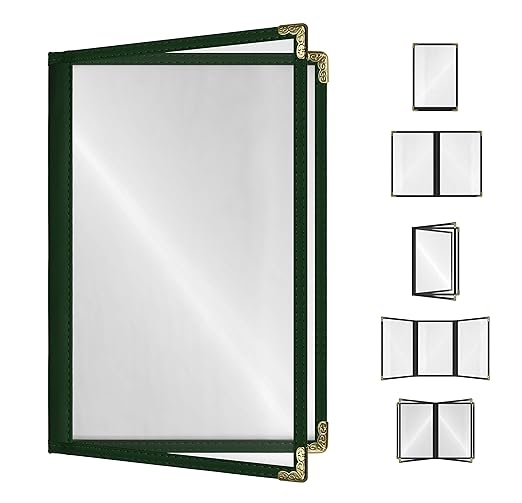Goodsmart Restaurant Menu Covers – 25 Pack Green 4-View, Side-Loading Menu Holders, Vinyl & Plastic Café Menu Covers, Clear Menu Sleeves, Fits 5.5" x 8.5", Leather-Style Design, Gold Corners