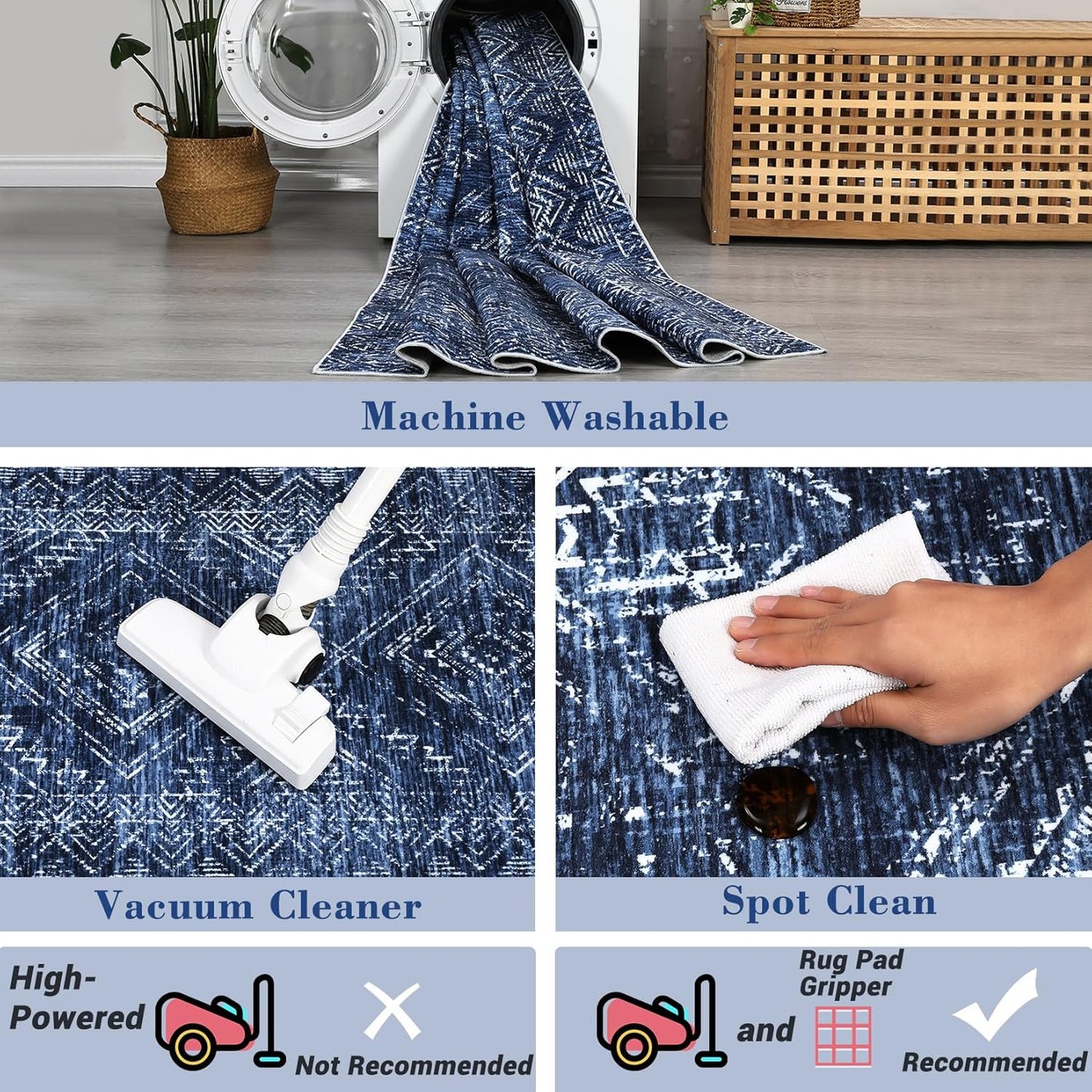 COZYLOOM 4x6 Area Rug for Living Room Bedroom Playroom Nursery Vintage Non Slip Low Pile Rug Soft Throw Floor Cover Geometric Tribal Foldable Indoor Carpet, Blue