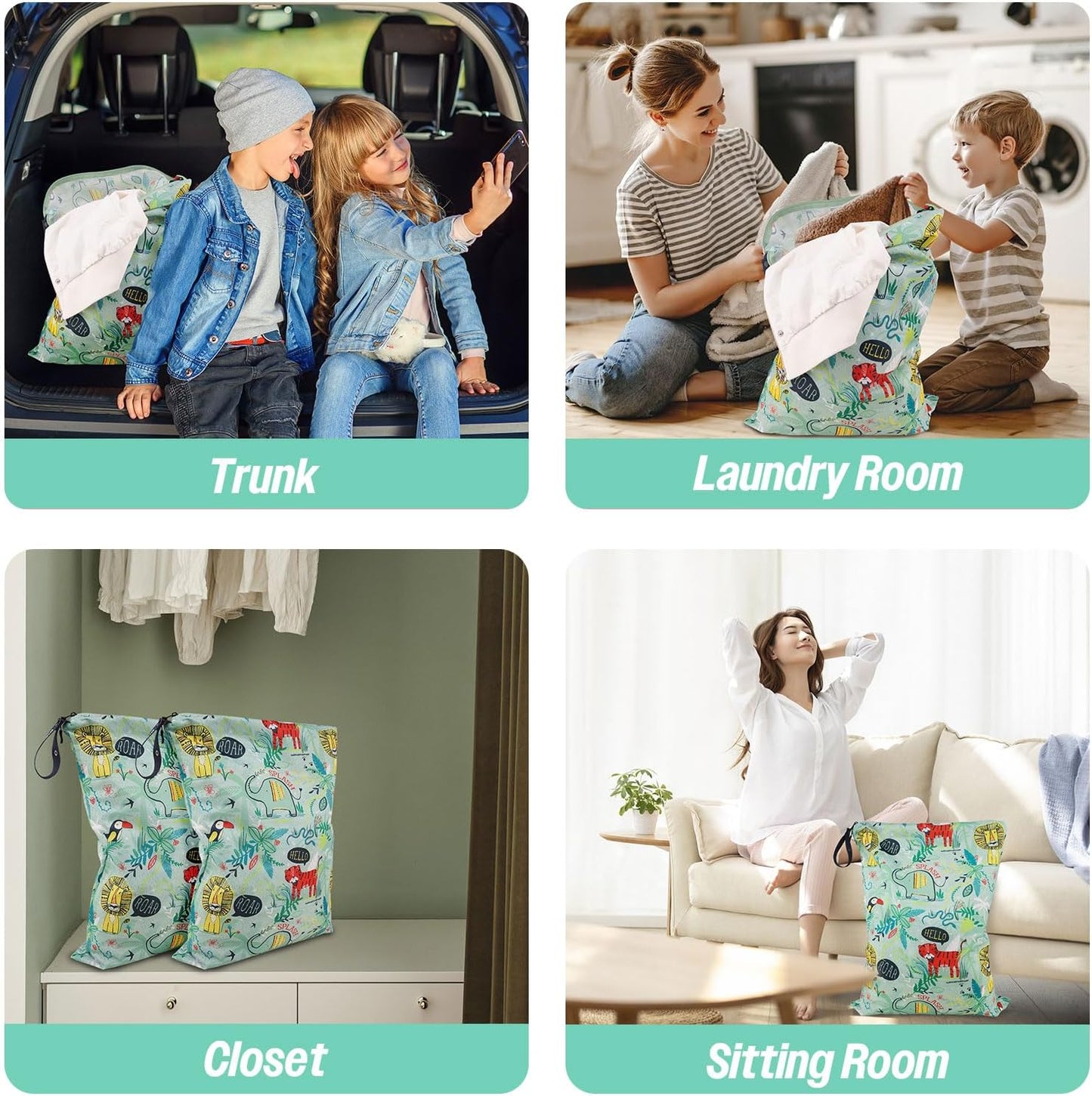 MissBoy Laundry Bags, 2 Pack Waterproof Travel Laundry Bag, Reusable and Washable Dirty Clothes Storage Bag with Zip Closure for Home, Travel, Camping, Caravan, Dormitory, 24"x17"