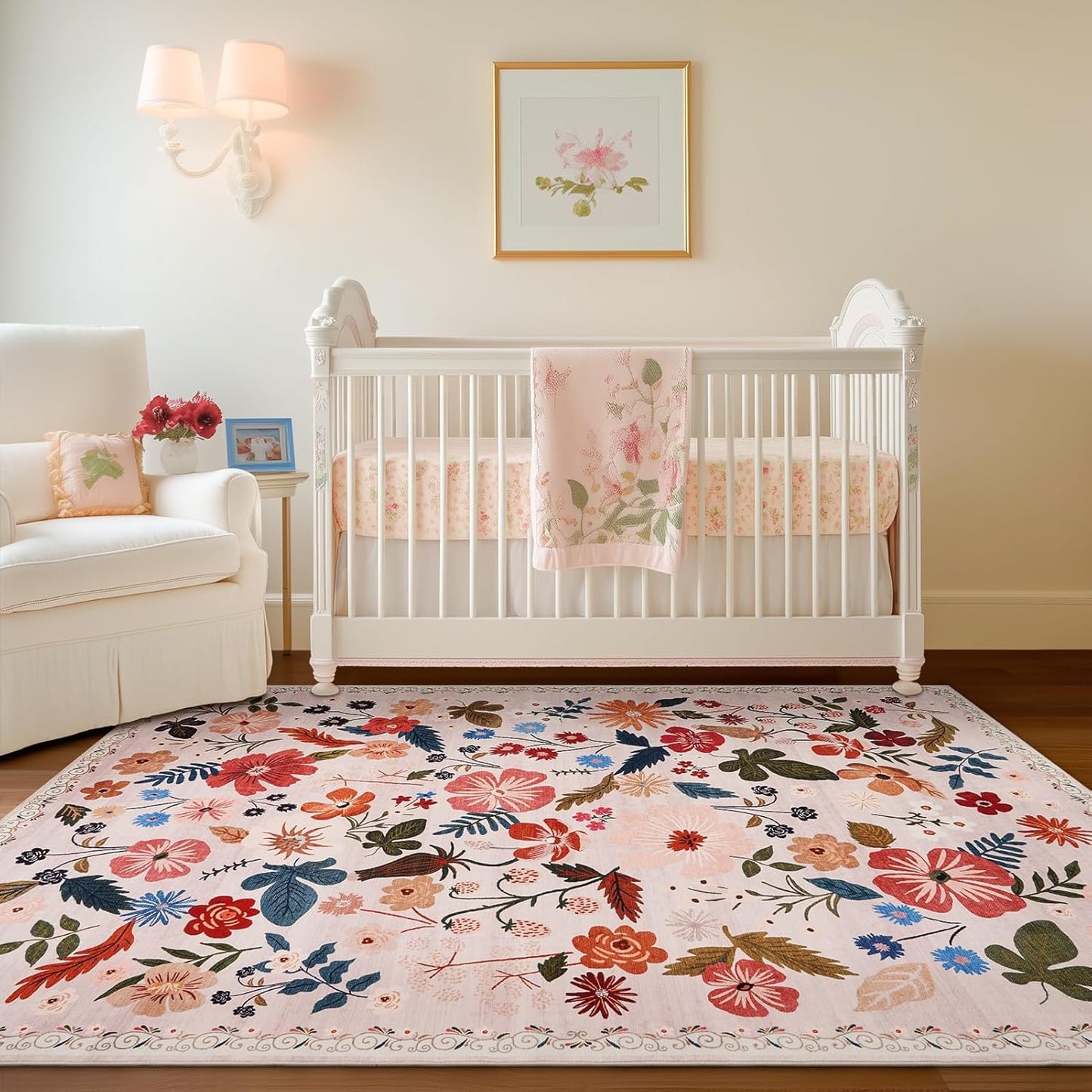 Boho Floral Area Rugs 5x7 Soft Washable Stain Resistant Indoor Floor Carpet Rug Vintage Beige Low Pile Non Slip Rug Spring Farmhouse for Living Room Bedroom Dining Room Playroom Nursery Family Room