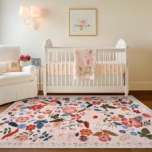 Boho Floral Area Rugs 5x7 Soft Washable Stain Resistant Indoor Floor Carpet Rug Vintage Beige Low Pile Non Slip Rug Spring Farmhouse for Living Room Bedroom Dining Room Playroom Nursery Family Room