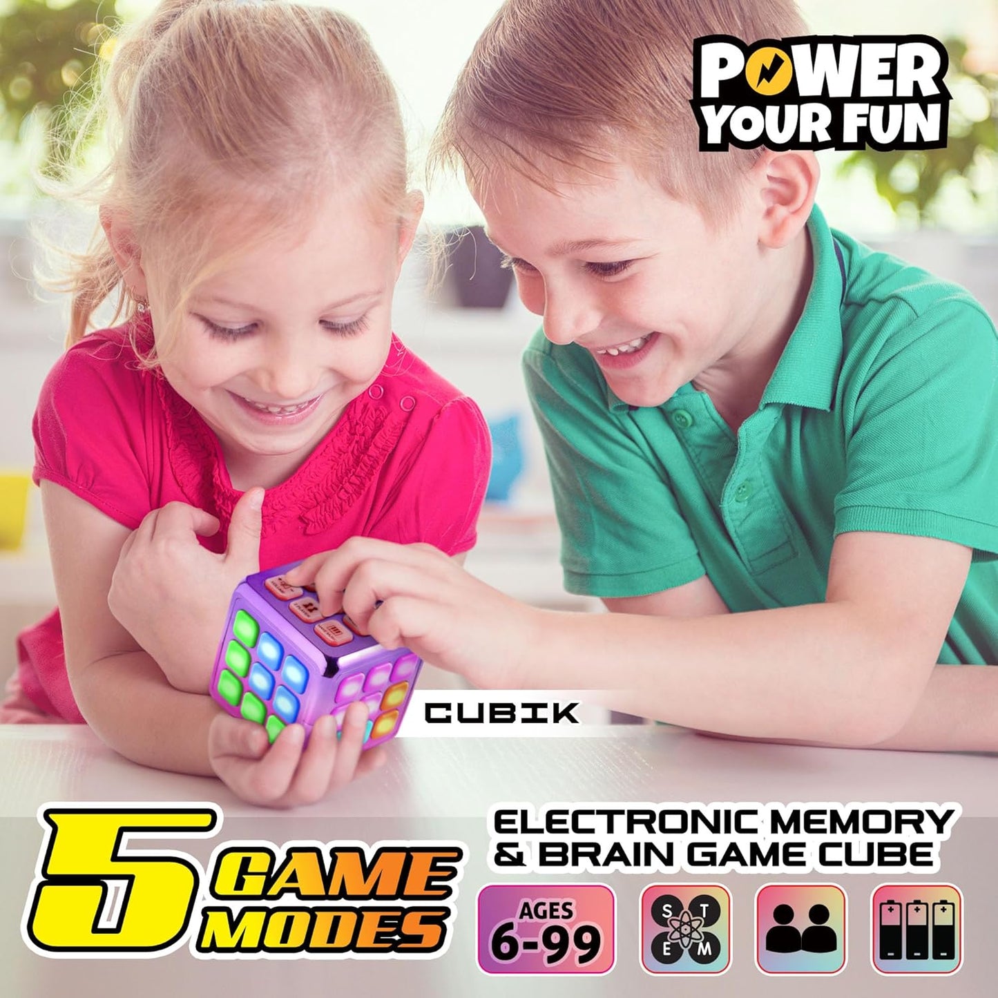 Power Your Fun Cubik LED Flashing Cube Memory Game - Electronic Handheld Game STEM Toy, 5 Brain Memory Games for Kids Brain Play Sensory Toys Puzzle Fidget Toy Light Up Cube (Metallic Pink/Purple)