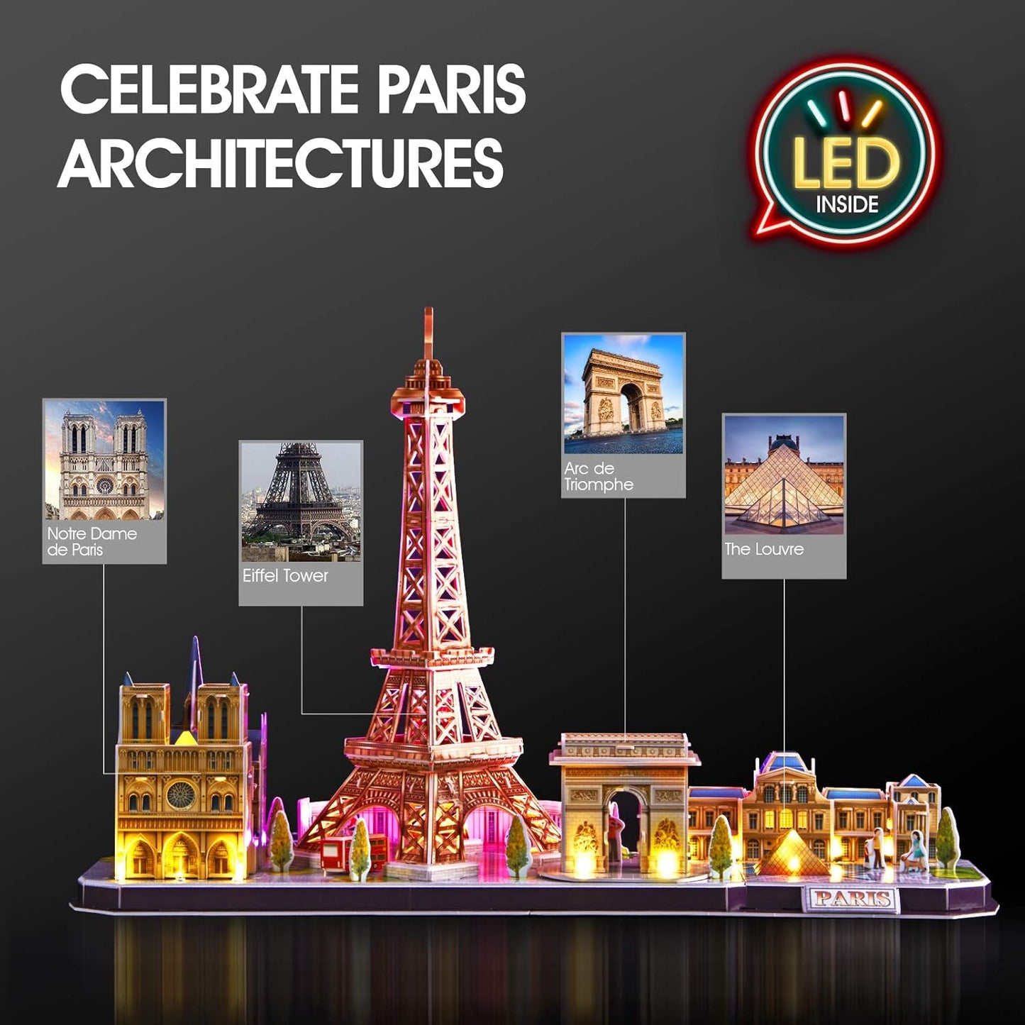 CubicFun 3D Puzzle LED Paris Cityline, 115 Pieces, 1 Count, Ages 8-12, Modern Style, Unisex, Gray, Intermediate Skill, Patience Skill, 15.748 x 4 x 12.87 inches, Assembly & Disassembly, PUZZLES