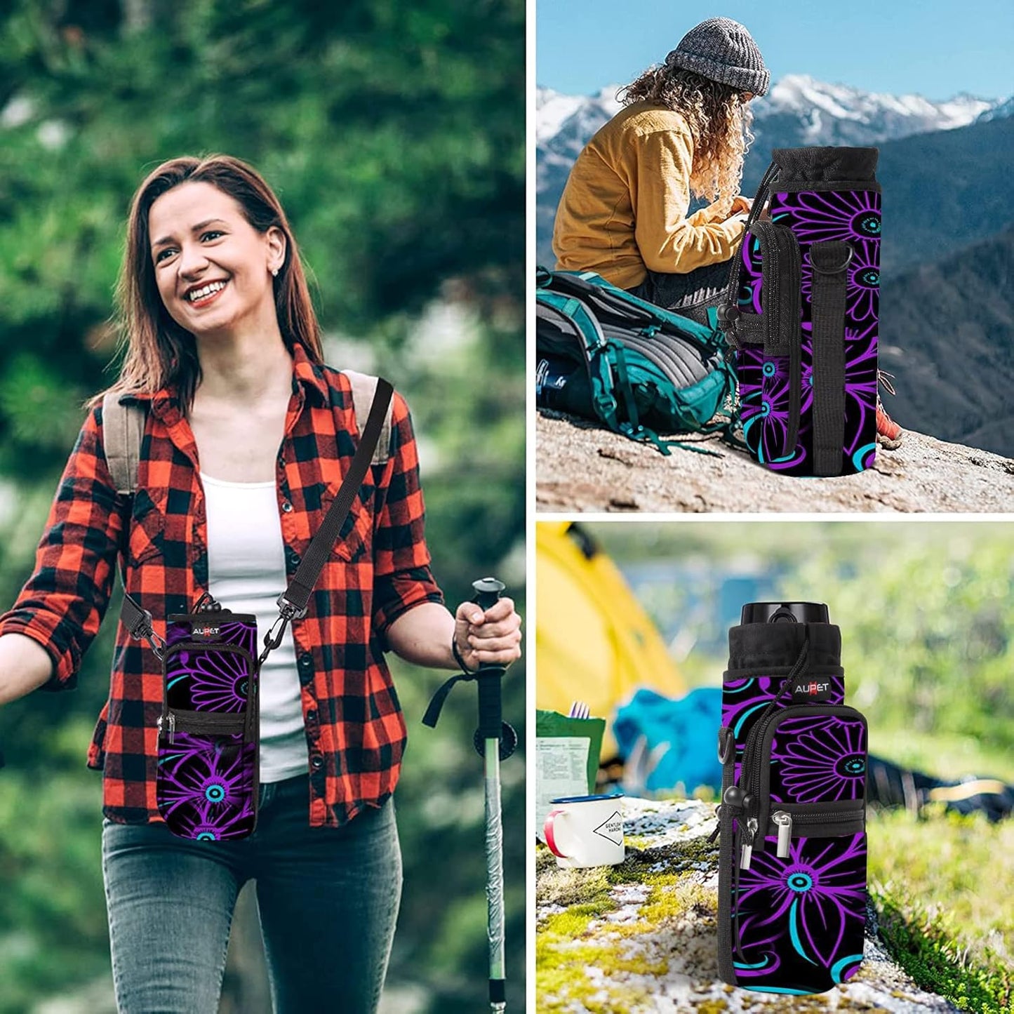AUPET Water Bottle Sling Bag Sleeve Holder Carrier 25/32/40/64 oz,Insulated Crossbody Water Bottle Case Cover with Strap and Pockets for Men/Women Walking Hiking