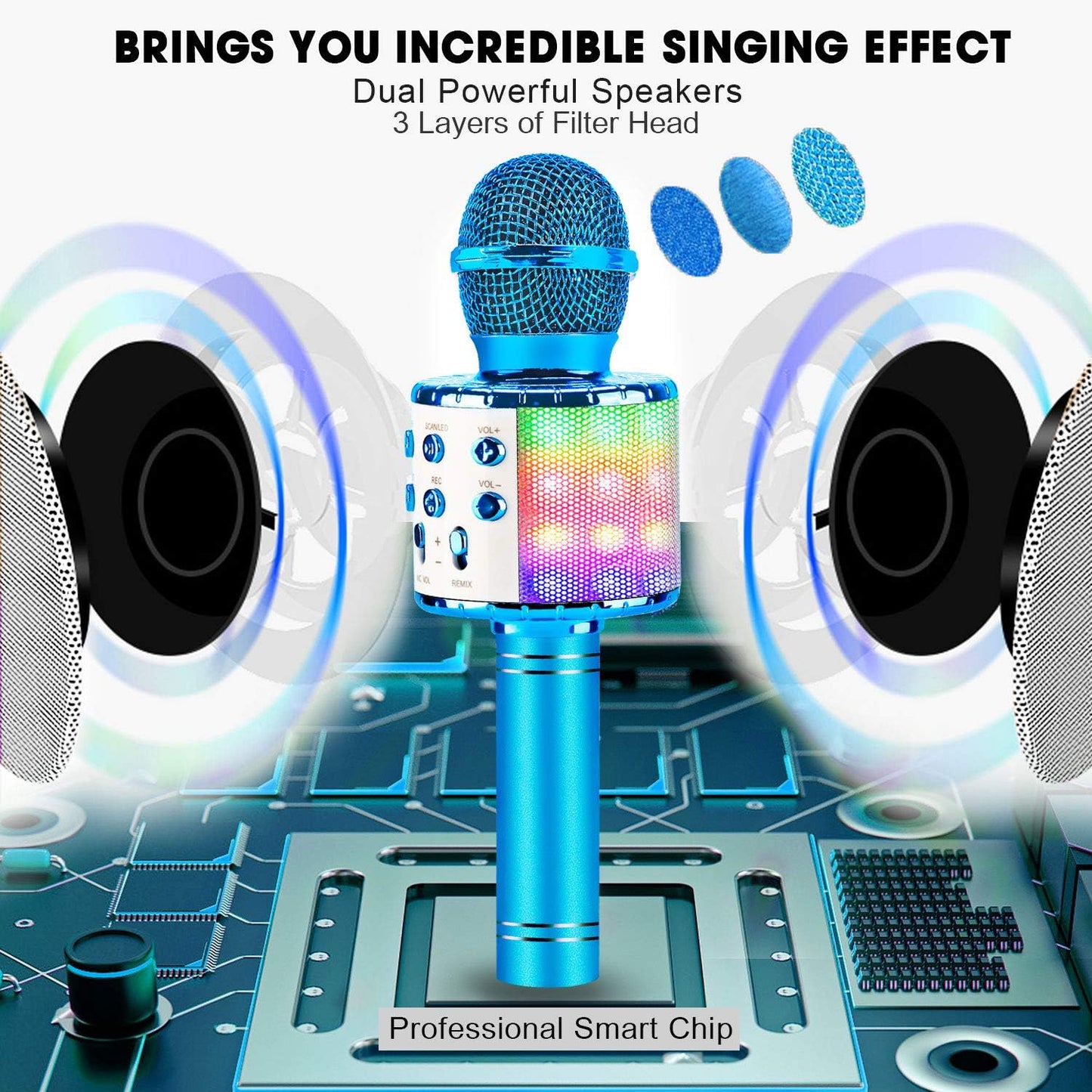 BlueFire 4 in 1 Karaoke Wireless Microphone with LED Lights, Portable Microphone for Kids, Great Toys for Kids, Girls, Boys and Adults (Blue)