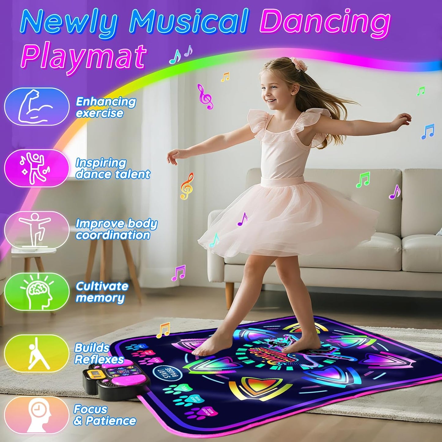 MOMUSE Kids Dance Mat with Display & Lockable Levels, 2 Challenge Modes Electronic Dance Pad 6 Volume Levels Built-in Music Toy Musical Mat, Christmas Birthday Gift for 3-12 Years Girls Boys