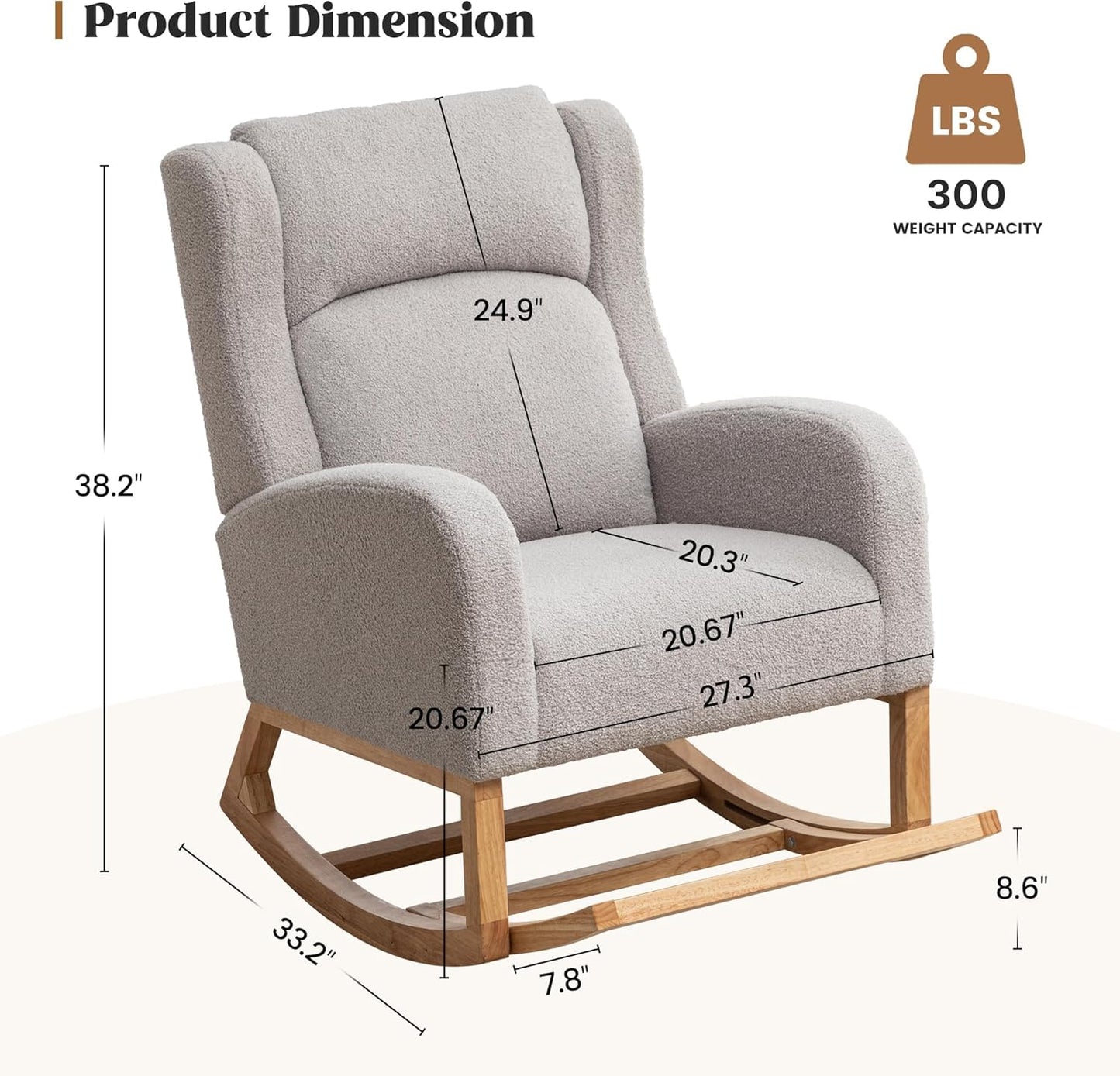Rocking Chair Nursery, Nursing Rocking Chairs for Mom Nursery, Comfy Wingback Glider Rocking Armchair with Foot Rest and Side Pocket for Nursery Living Room Bedroom, Teddy Grey
