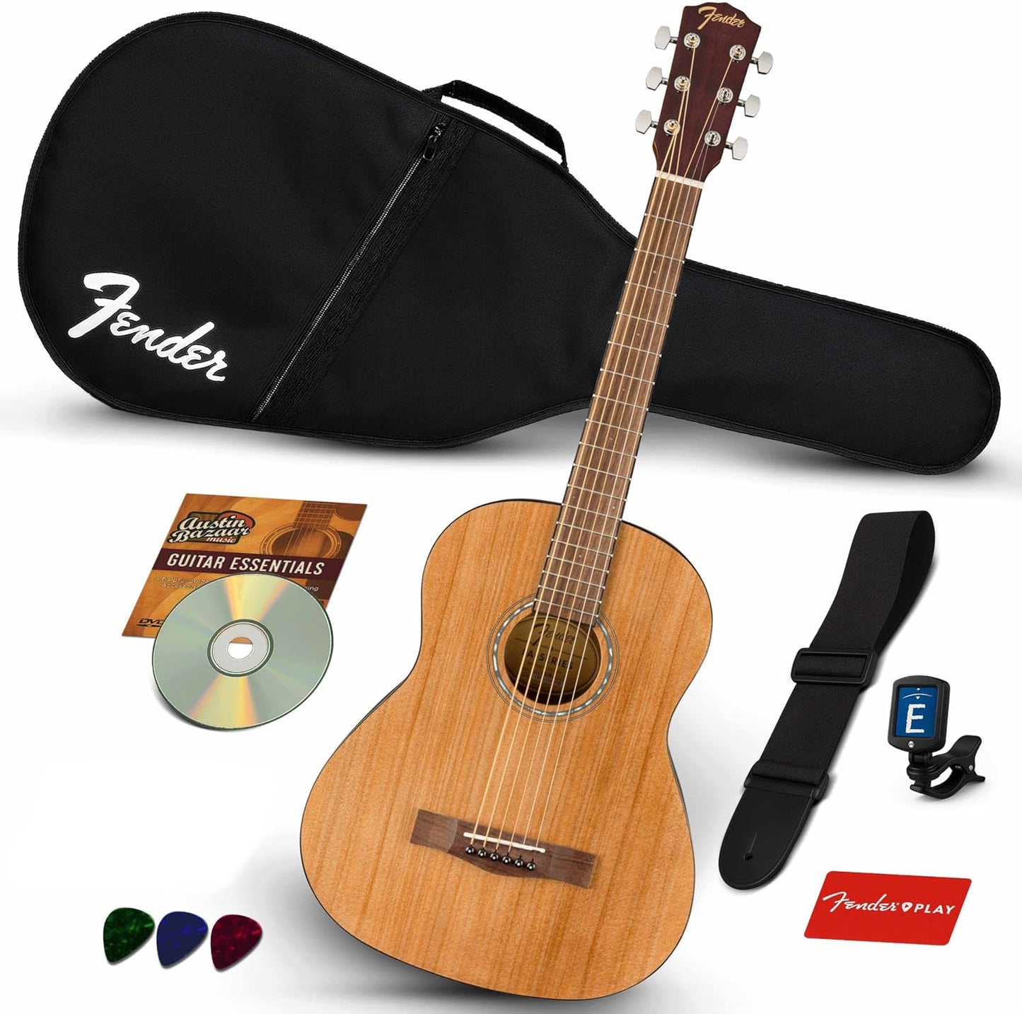 Fender FA-15 3/4-Scale Kids Steel String Acoustic Guitar - Natural Bundle with Gig Bag, Tuner, Strap, Picks, Fender Play Online Lessons, and Austin Bazaar Instructional DVD