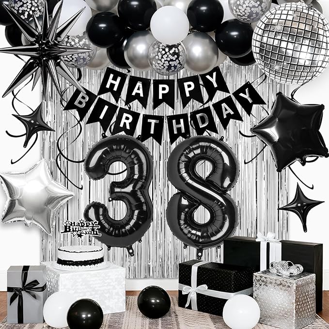 38th Birthday Decorations for Men Women, Black Silver Happy Birthday Party Decorations， 38 Year Old Party Supplies with Number 38 Balloons, Banner, Fringe Curtains Kit