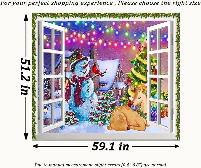 QGHOT Christmas Window Tapestry Wall Hanging, Christmas Backdrop Winter Window Wall Decor Xmas Snowman Deer Tapestries for Bedroom Living Room Dorm Holiday Party Decoration