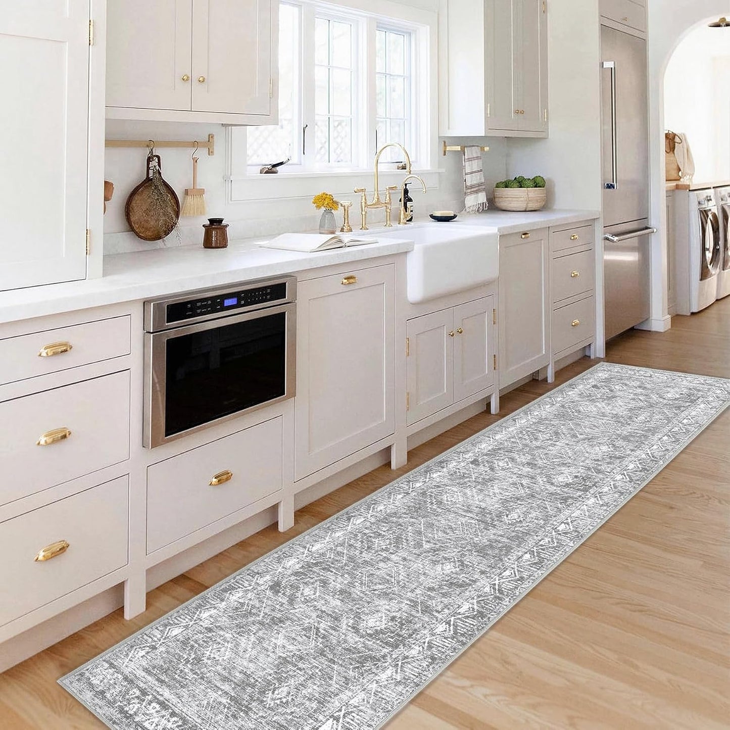 Moroccan Runner Rug 2x6 - Washable Boho Geometric Rugs Non-Slip Entryway Rug, Soft Neutral Farmhouse Runners for Hallway Bedroom Bathroom Laundry Staircase Foyer (2 x 6, Grey)