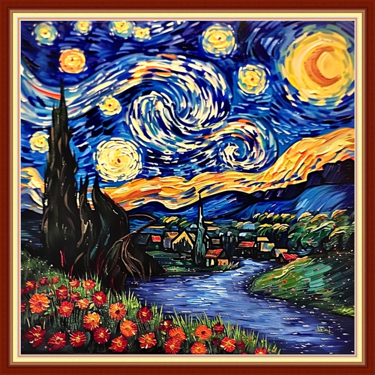 Stamped Cross Stitch Kits - Beach Night Landscape Counted Cross Stitch Kits for Beginners Adults Needlepoint Cross-Stitch Patterns-Van Gogh Starry Sky Flower Sea 18x18 inchs