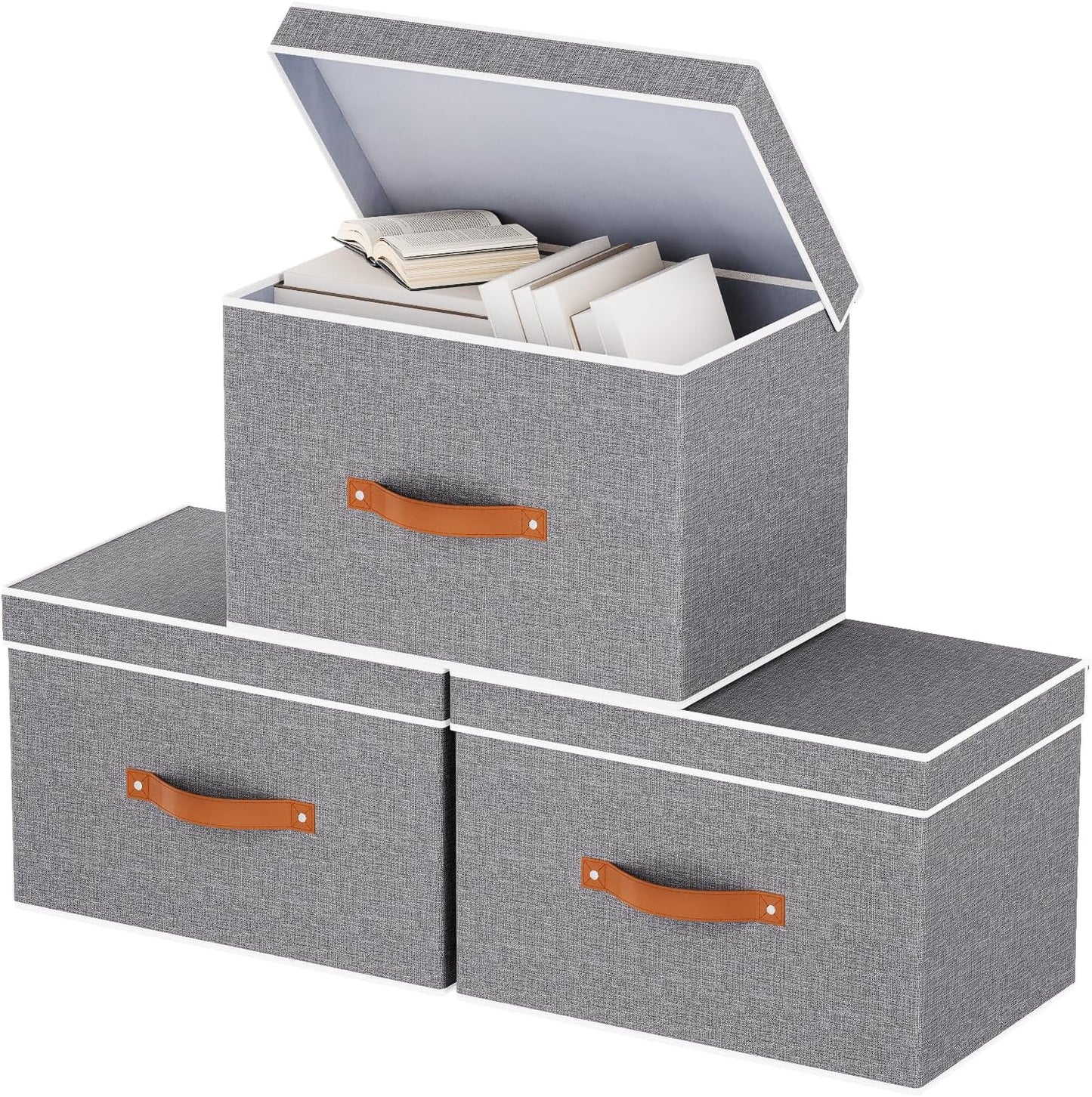 Collapsible Storage Bins with Lids, 3 Pack Linen Foldable Cloth Baskets, 15 x 9.8 x 9.8 Inch Closet Organizer Containers with Double Handles, Sweater Boxes for Bedroom, Grey