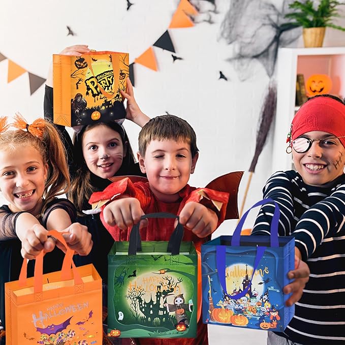AhfuLife 16 Pcs Halloween Trick or Treat Bags, Candy Tote Bags with Handles, Reusable Non-Woven Gift Bag for Halloween Party Supplies Favors (7.8×7.8×3.1’’)