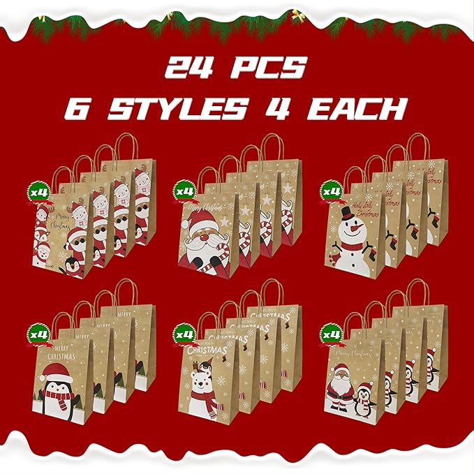 HSMOK 24PCS Christmas Gift Bags with Handles – 6 Festive Designs Medium Holiday Kraft Paper Bags for Kids, Adults, Party Favor, Treat, Goodie, Shopping, Xmas Decorations, 7.08x3.5x8.86 Inch