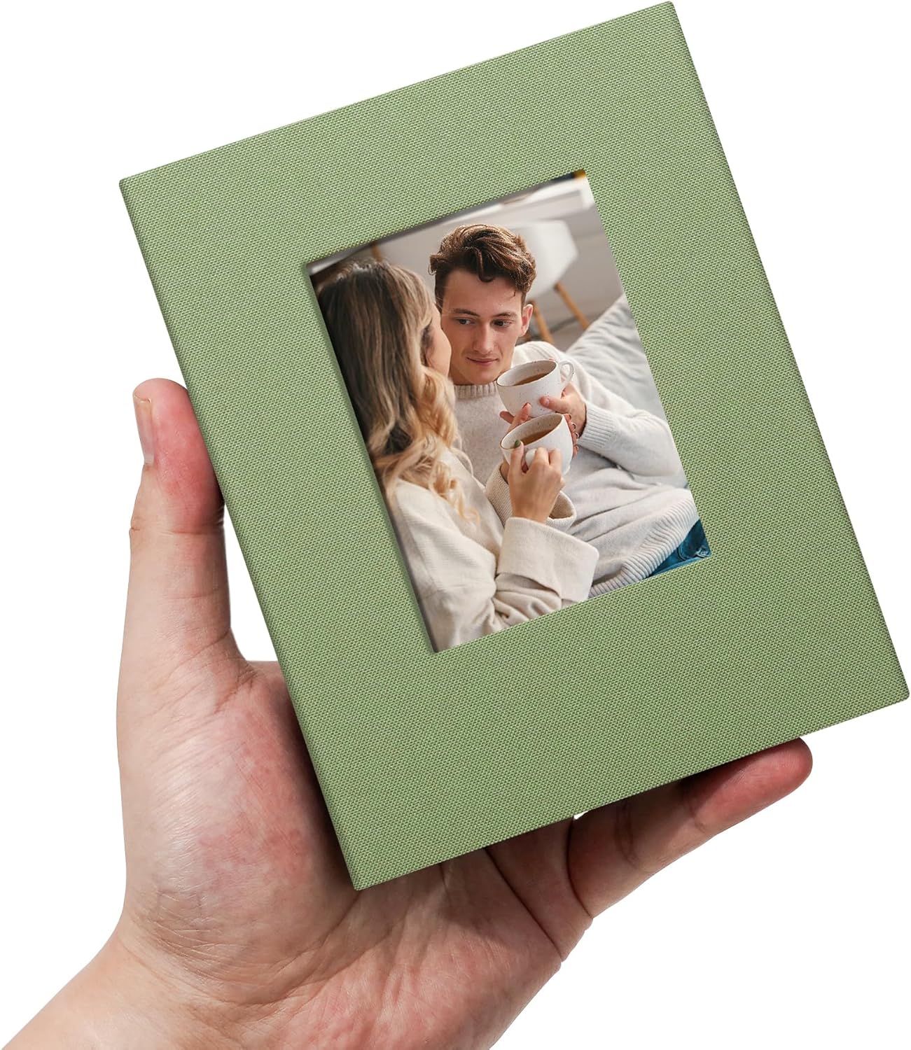 Small 4x6 Photo Album 100 Pockets Linen Cover with Front Window Portable Mini Picture Book for Family Travel Wedding and Memory Keepsake Organizer Light Green