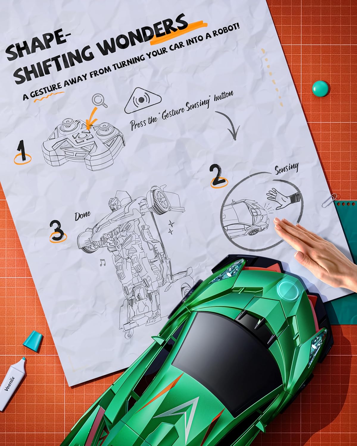 V992 Transform Remote Control Car,Transform Robot RC Cars,1:14 Scale,2-in-1 Robot Toy Car with Sound & Light Effects,Gesture Sensing,Automatic Deformation,Gift Toys for Boys and Girls (Green)