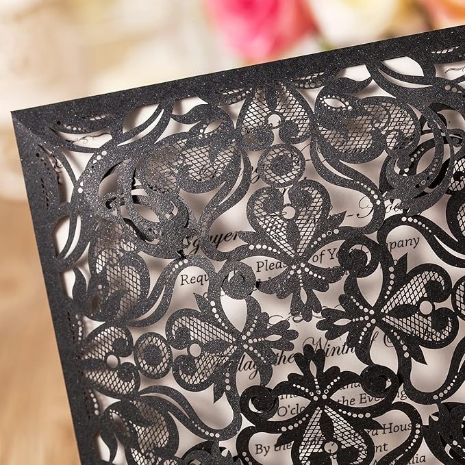 Hosmsua 6.3 x 6.3 Inch 50PCS Black Laser Cut Hollow Lace Rose Invitation Cards with Envelopes Wedding Invitations for Engagement Wedding Invite (Black, 50PCS Blank)