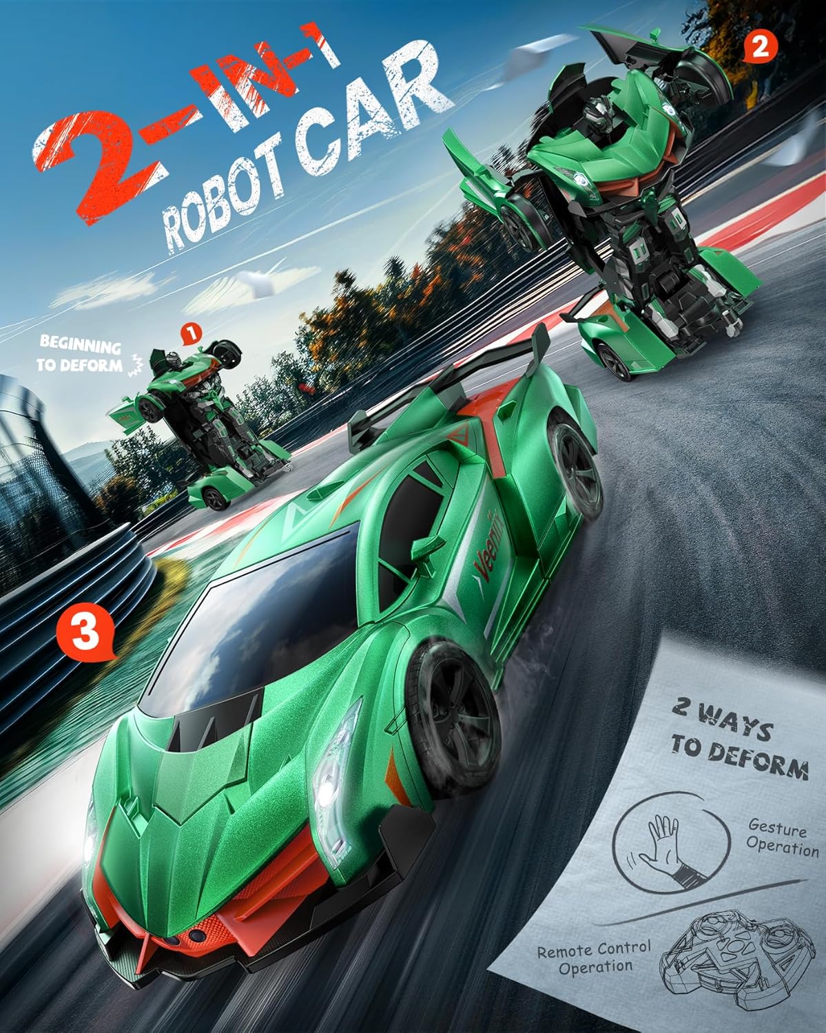 V992 Transform Remote Control Car,Transform Robot RC Cars,1:14 Scale,2-in-1 Robot Toy Car with Sound & Light Effects,Gesture Sensing,Automatic Deformation,Gift Toys for Boys and Girls (Green)