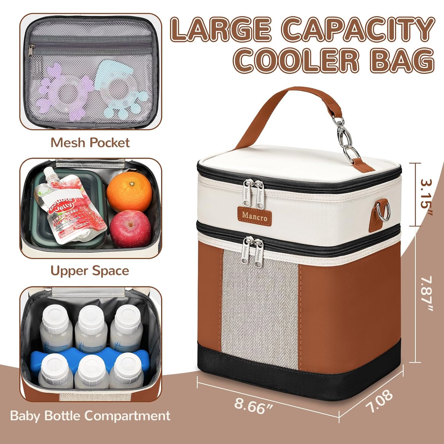 Mancro Breast milk Cooler Travel Bag Fits 6 Bottles Up to 9 Ounces，Double Layer Baby Bottle Cooler Bag with Ice Pack，Insulated Baby Bottle Bags for Daycare & Nursing Moms,Black and Brown