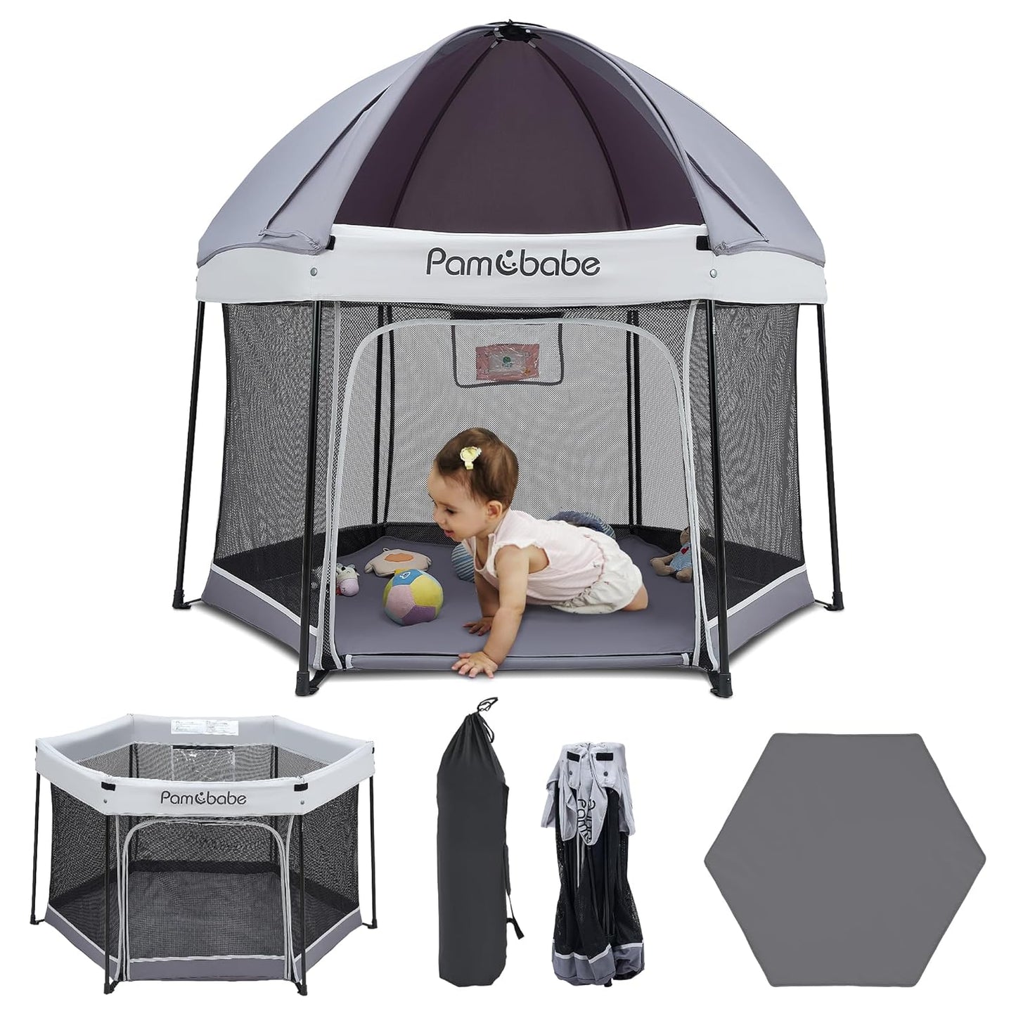 Pamo Babe Baby Playpen with Sun Protection Canopy - Indoor & Outdoor Play Yard for Babies and Toddlers - Baby Tent with Zipper Door