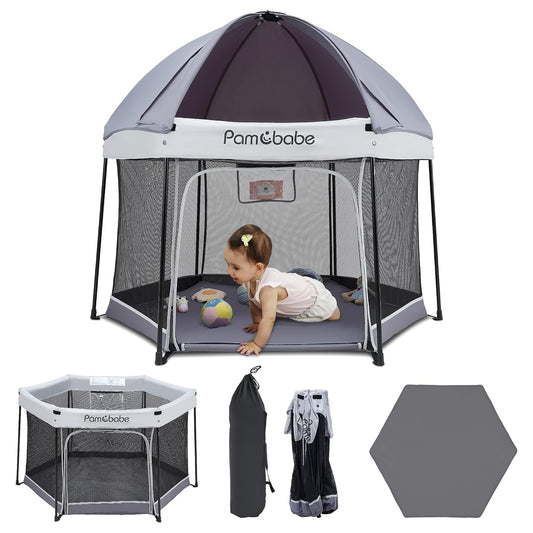 Pamo Babe Baby Playpen with Sun Protection Canopy - Indoor & Outdoor Play Yard for Babies and Toddlers - Baby Tent with Zipper Door