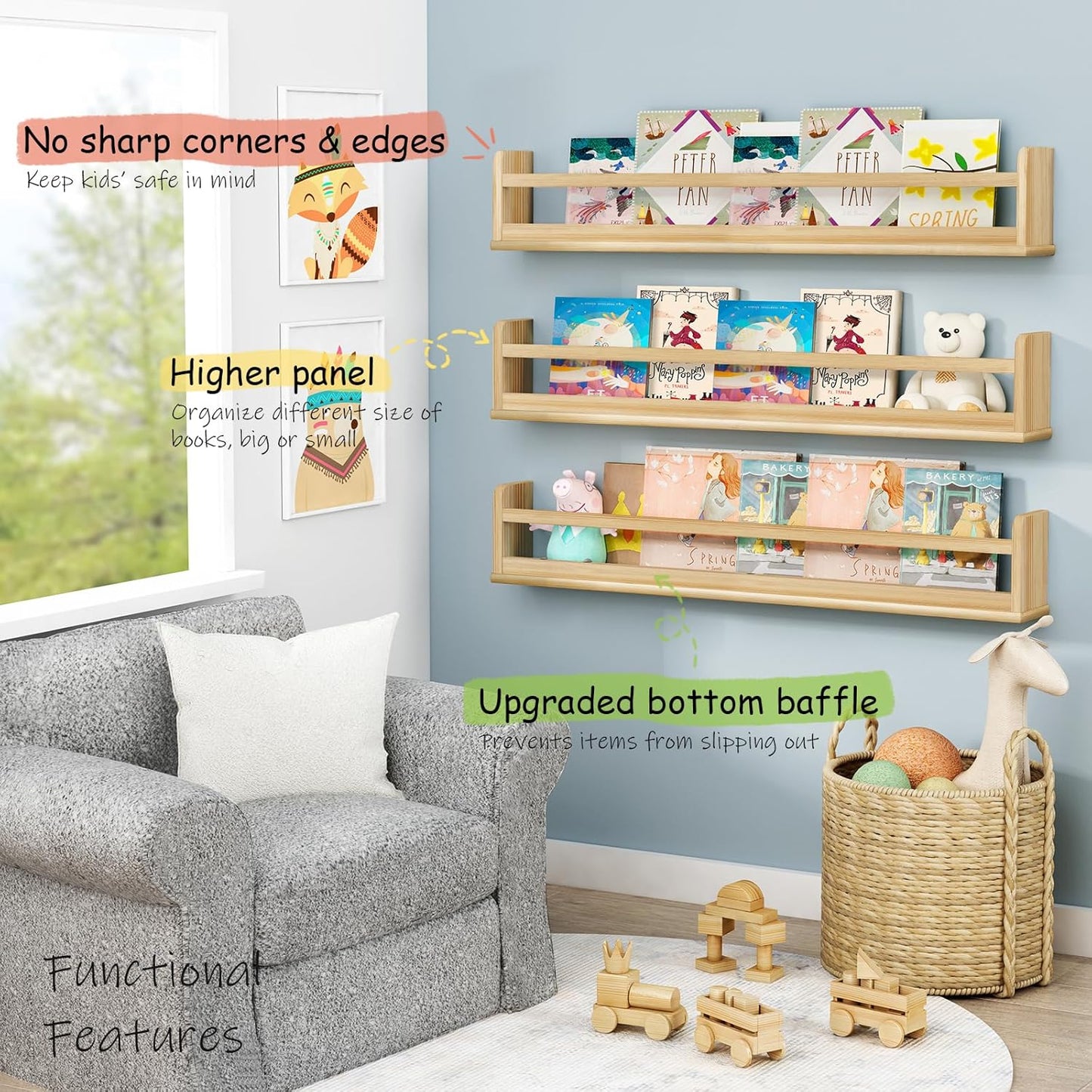 Upgraded Wooden Wall Bookshelf for Kids Books, Large Nursery Floating Shelves for Kids Bedroom, Natural Wood Wall Bookshelves for Teens Toddlers Living Room Decor (36 Inch Long 3-Pack)
