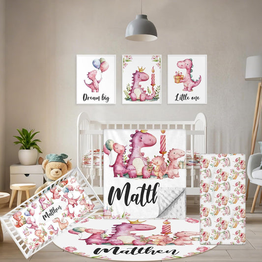 Custom Baby Crib Bedding Set - 5 Pcs Personalized Name Pink Dinosaurs Crib Set for Infants Toddlers Girls - Soft Double Layer Nursery Bedding Set - Customized Present for Birthday Baby Shower