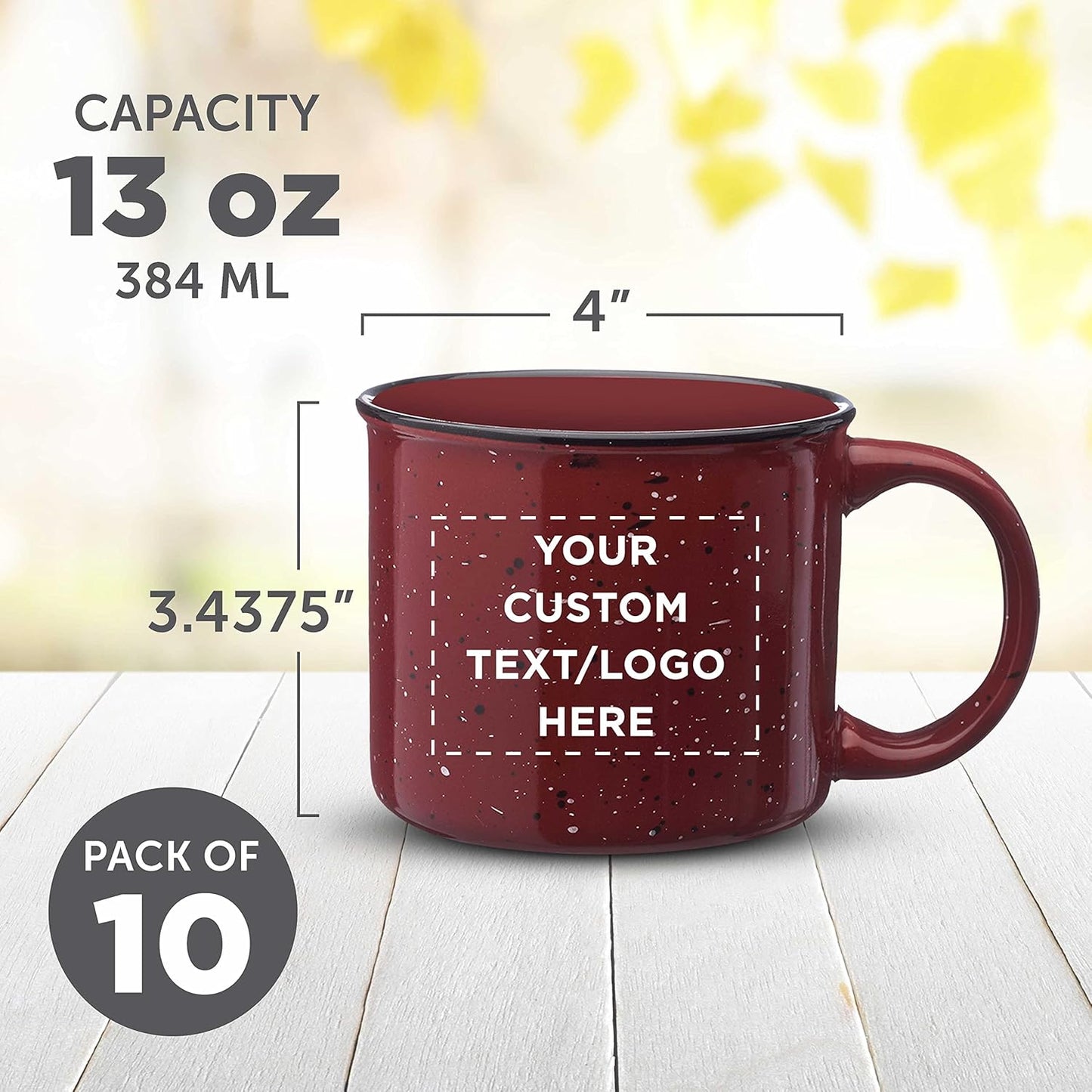 DISCOUNT PROMOS Custom Ceramic Campfire Coffee Mugs 13 oz. Set of 10, Personalized Bulk Pack - Perfect for Tea, Espresso, Cappuccino, Hot Cocoa - Maroon