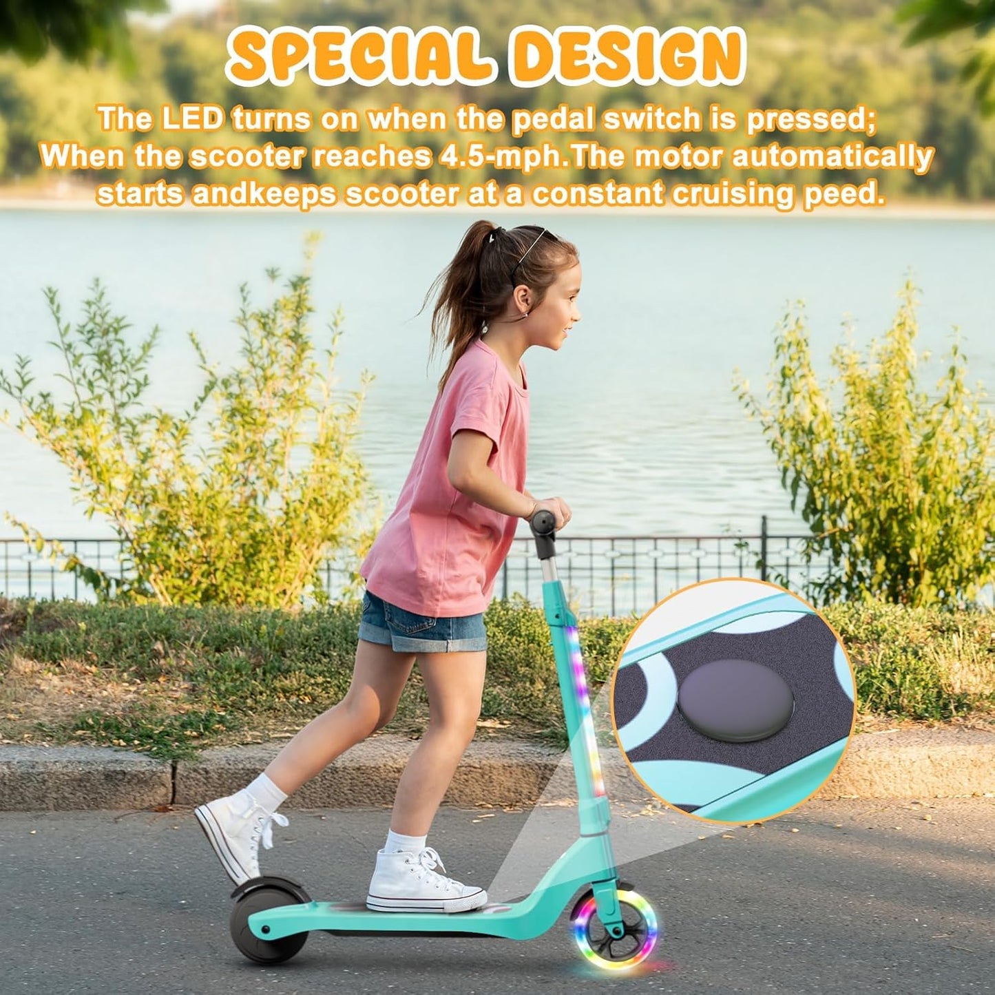 CBD Electric Scooter for Kids, 6 Mph Top Speed, Up to 5 Miles Range, 5.3" Solid Tires Wheel and Front Light, Kick Scooter Adjustable Height for Kids Age 6-12