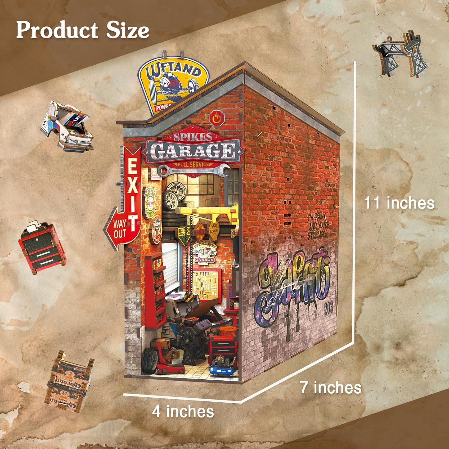 Garage Book Nook Kit - 3D Wooden Puzzle Miniature Book Nook Kits for Adults Teen, DIY Dollhouse Bookshelf Insert Decor with Sensor LED Light, Gift for Family, Friends