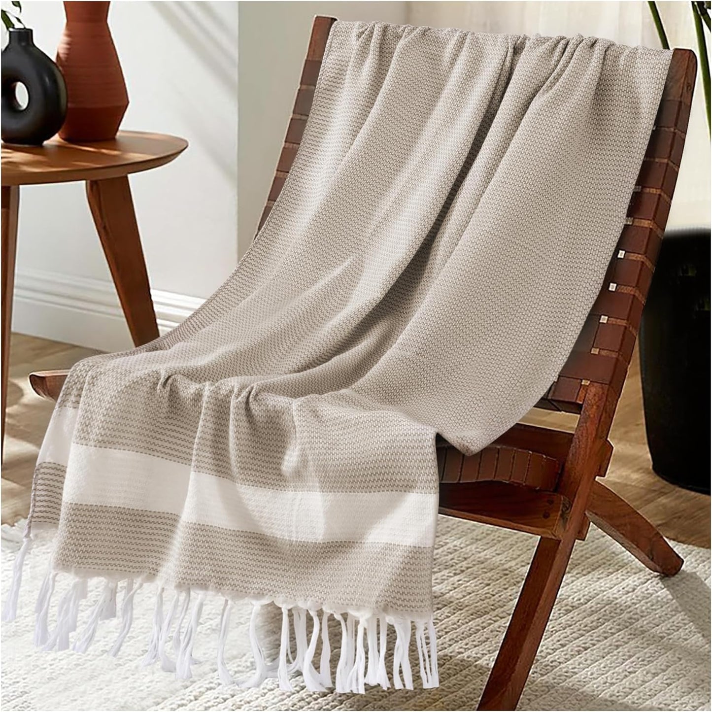 Lightweight Woven Throw Blanket Cotton Large Soft for Chair Couch Sofa Bed Festival Decorative Summer Manta para Beige Neutral Fall Farmhouse Antique Vintage Primitive Cottage Nursery Decor Beige
