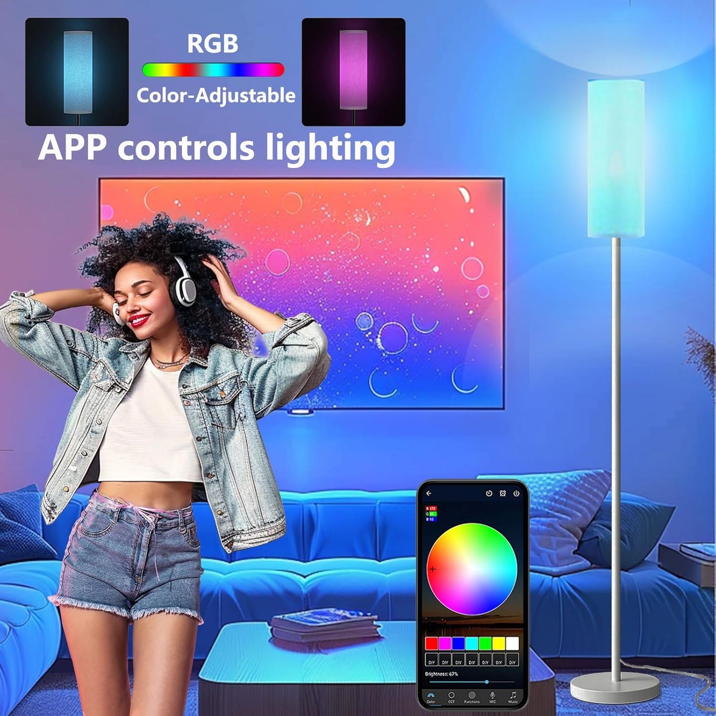 Smart LED Floor Lamp with APP Control & RGB Colors - Dimmable Standing Lamp for Living Room, Bedroom, Gaming - Remote, Timer, 9W Bulb Included, 67" Modern Tall Lamp (White)