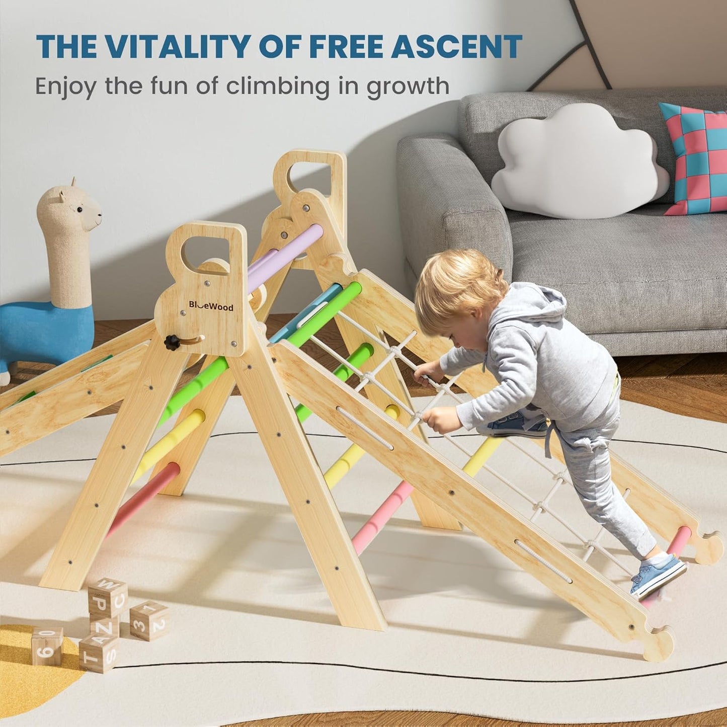 BlueWood 2024 8-in-1 Pikler Triangle Climbing Set Toddler Toys Indoor Baby Jungle Gym Climber Playground for Kids - Rainbow