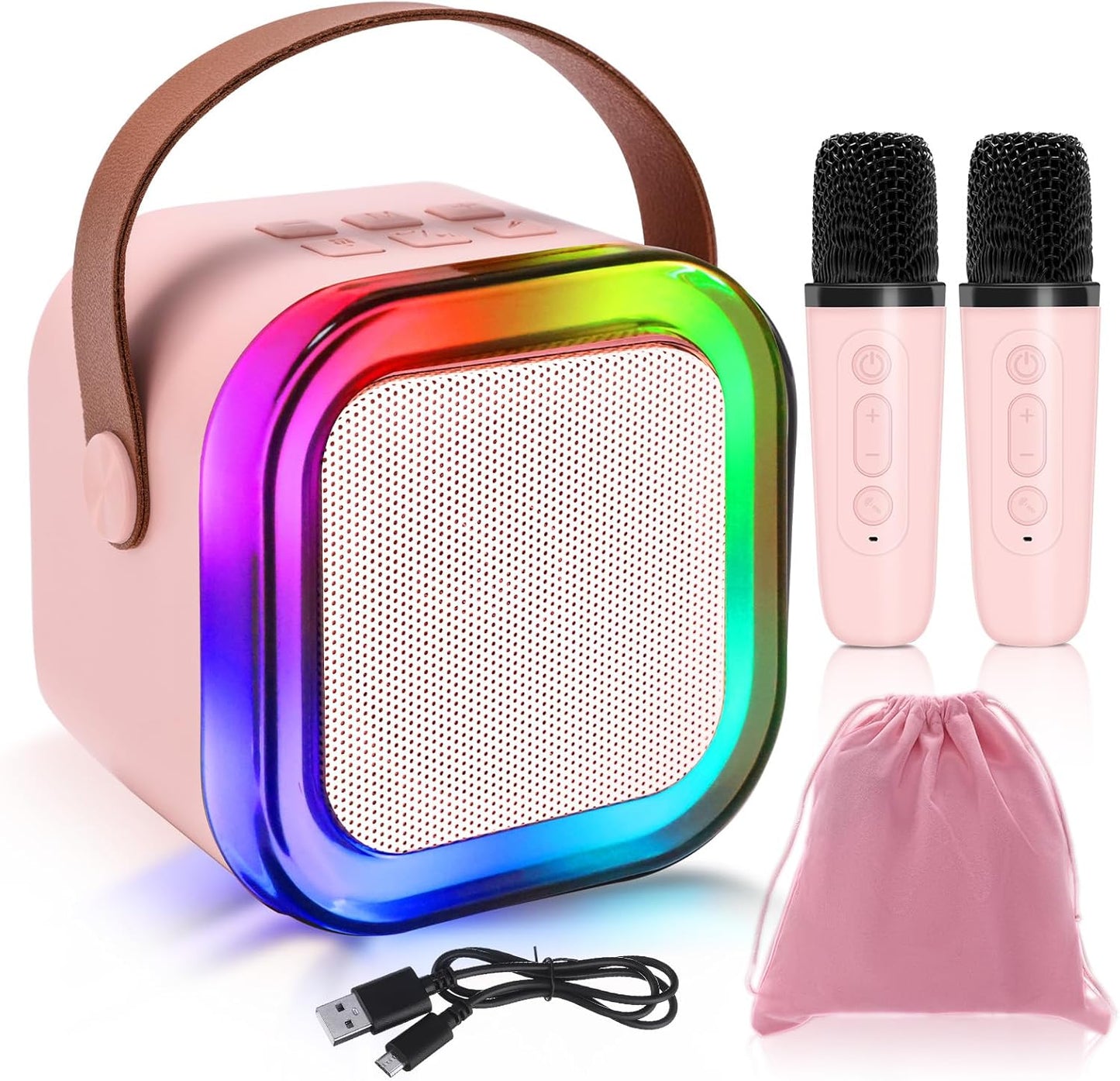 Mini Karaoke Machines for Kids, Girls Portable Karaoke Machine with 2 Microphones Speaker, 3 LED Disco Lights,5 Funny Sound, Gift for Boy Toddler Teen Adult Birthday Holiday Home Party