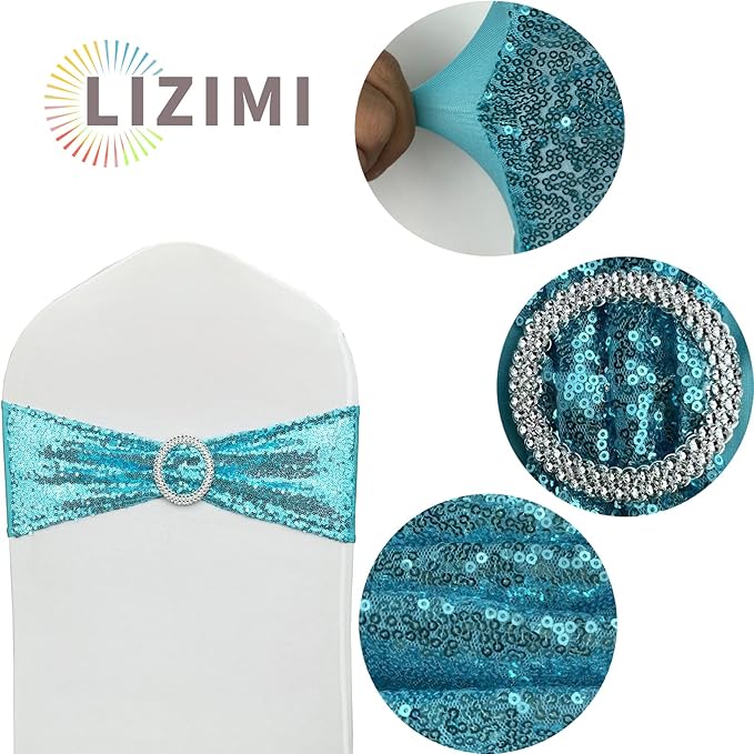 50 Pcs Sequin Chair Sashes Stretch Chair Bands Spandex Polyester Bows for Party Hotel Wedding Banquets Decoration - Aqua