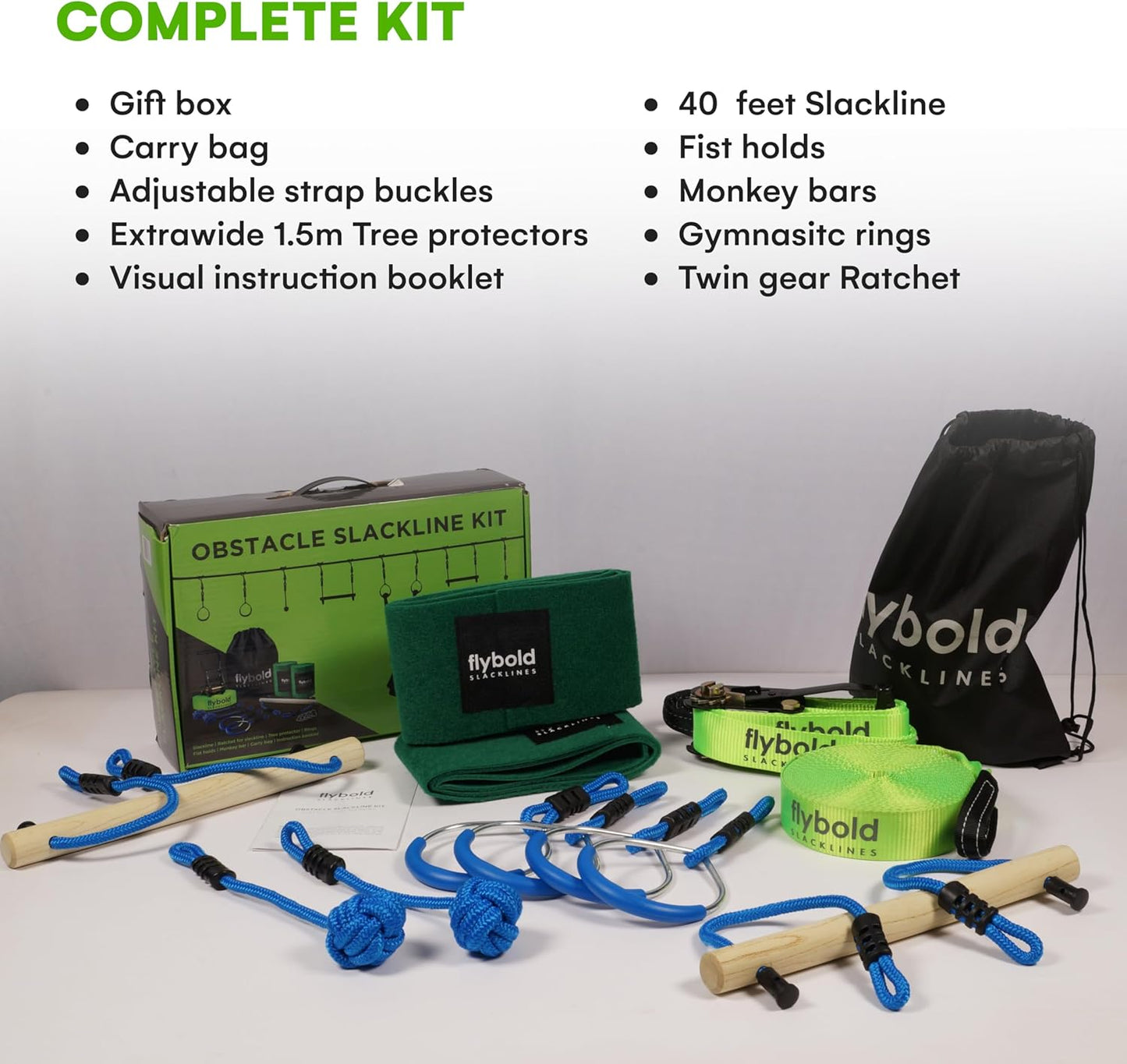 Flybold Obstacle Course for Kids - 40 Ft Ninja Warrior Slackline Kit with 8 Adjustable Obstacles - Tree Protectors, Twin Gear Ratchets, Carry Bag - Complete Outdoor Adventure Set