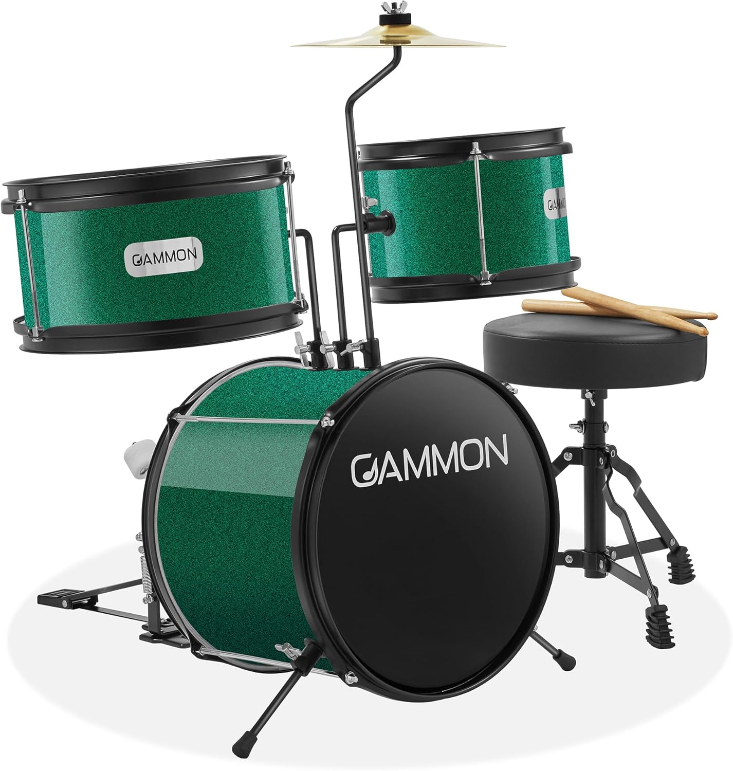 Gammon 3-Piece Junior Drum Set with Throne - Green, Complete Beginner Kit with Bass Drum, Toms, Cymbal, Pedal, and Drumsticks