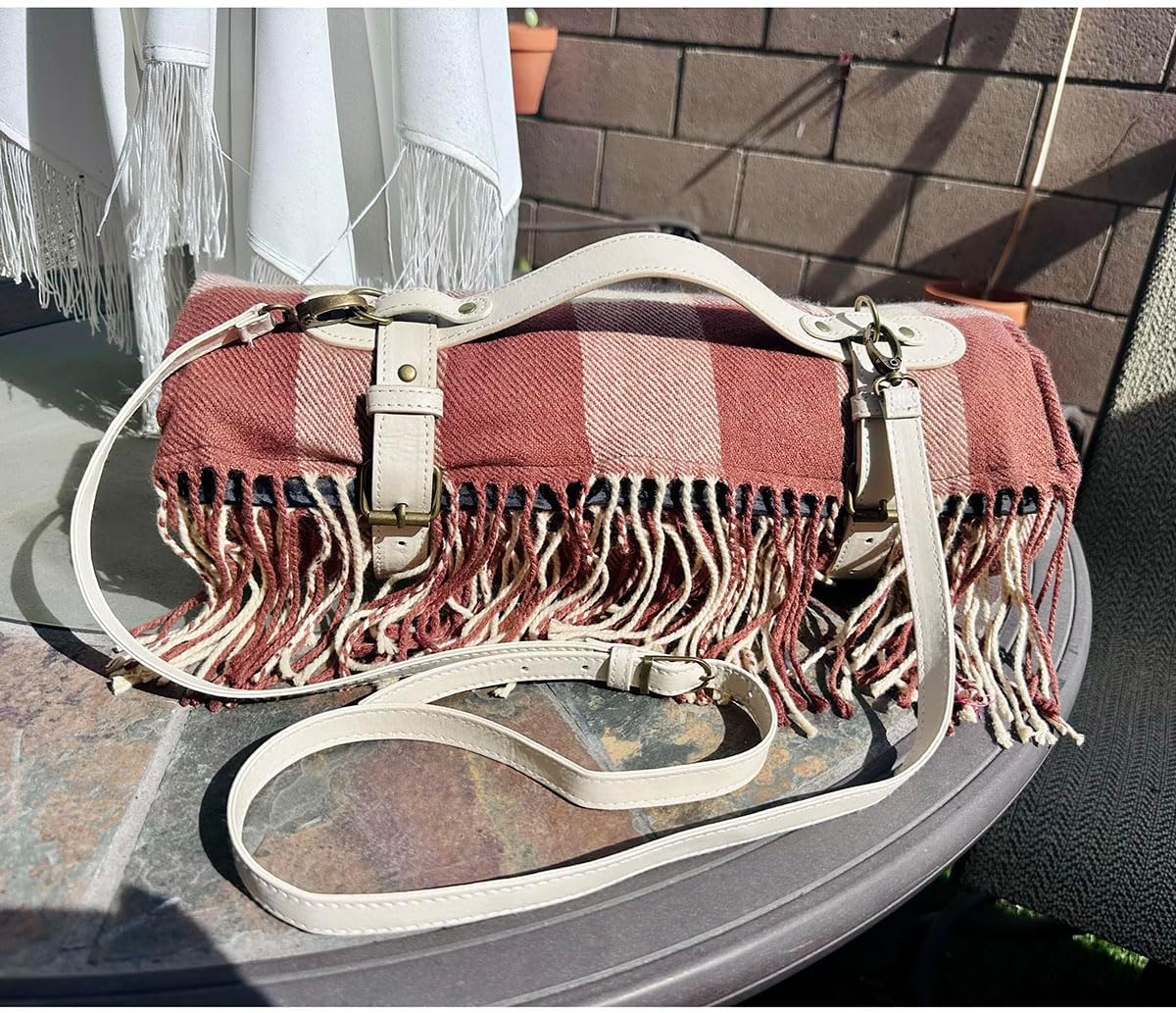 Picnic Blanket Extra Large Waterproof with Strap 59"x79" - Machine Washable Tassels Faux Wool Cashmere for Park, Grass, Camping, Hiking, Concerts (Latte with white shoulder strap, 59"X79")