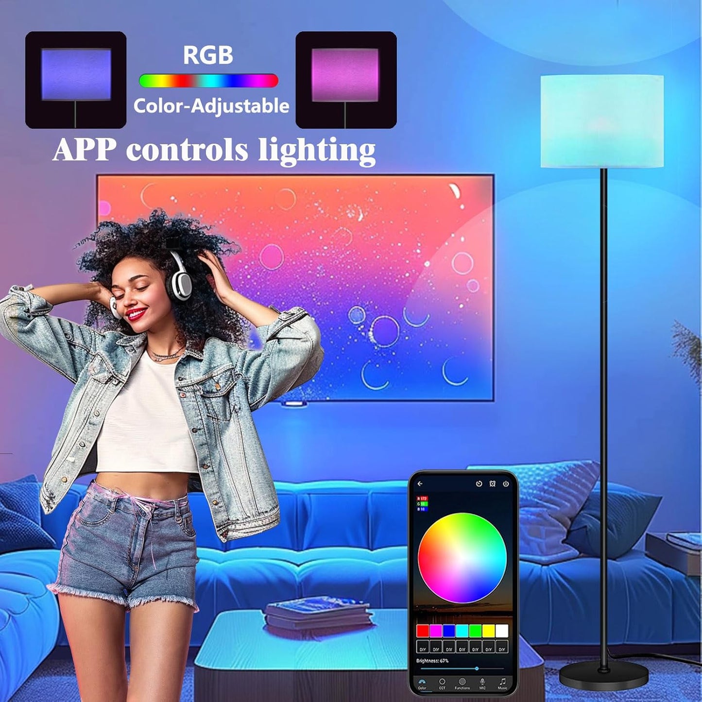 Smart LED Floor Lamp with APP Control & RGB Colors - Dimmable Standing Lamp for Living Room, Bedroom, Gaming - Remote, Timer, 9W Bulb Included, 60.6" Modern Tall Lamp (White)
