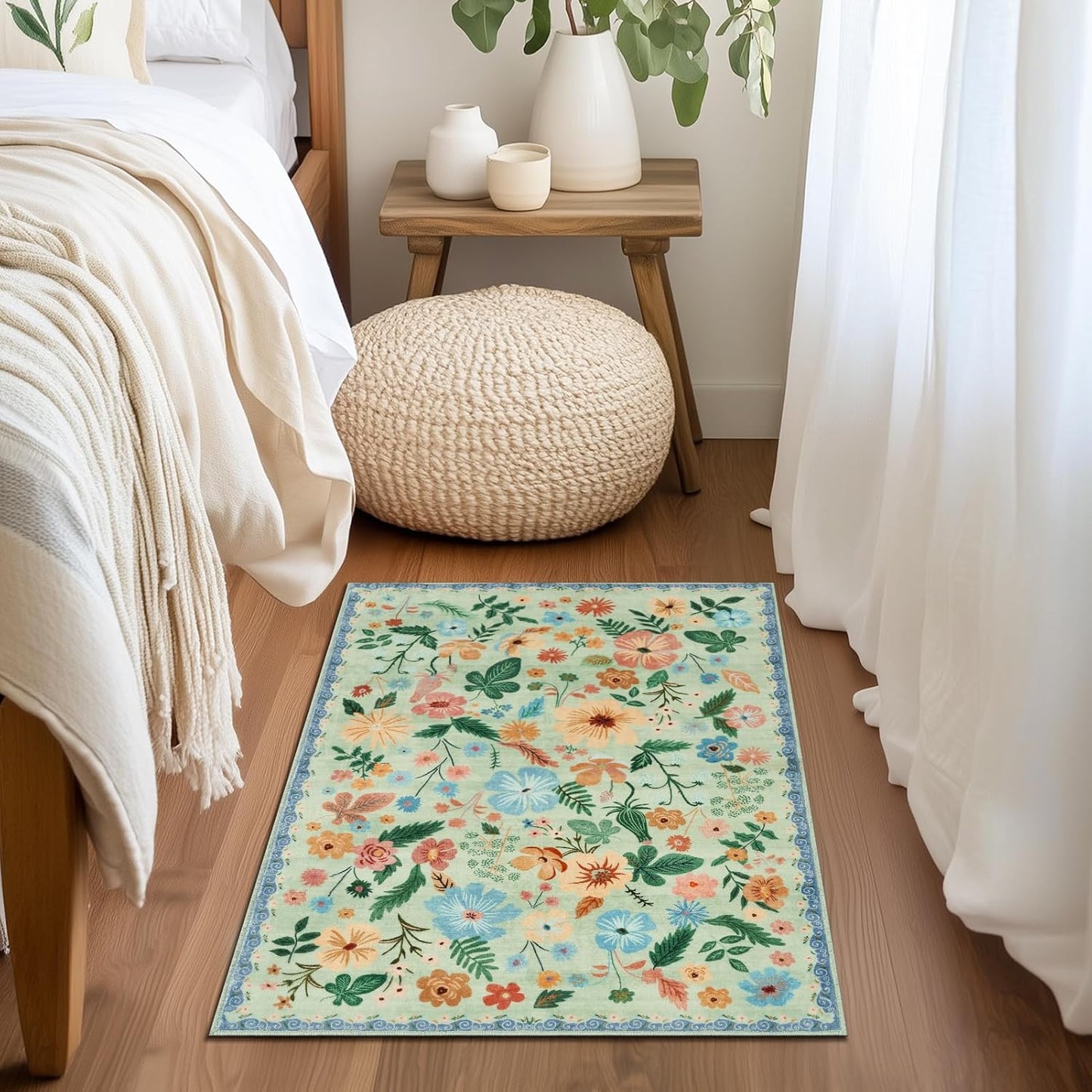 Door Mat Indoor Entrance 2x3 Area Rug Washable Boho Vintage Flower Pattern Non Slip Kitchen Rugs Cute Sage Green Stain Resistant Sound Absorbing Small Carpet Rug for Entryway Kitchen Bedside Bathroom
