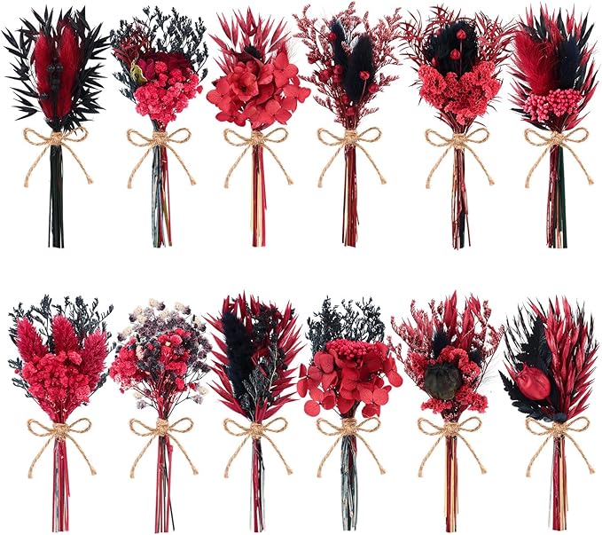 12/24 PCS Charming Dried Flowers Bouquet for Vase Various Dried Wildflowers with Stems Mini Handmade Wildflowers Natural Real Flowers Bulk Flowers Craft (Black and Red, 12PCS)