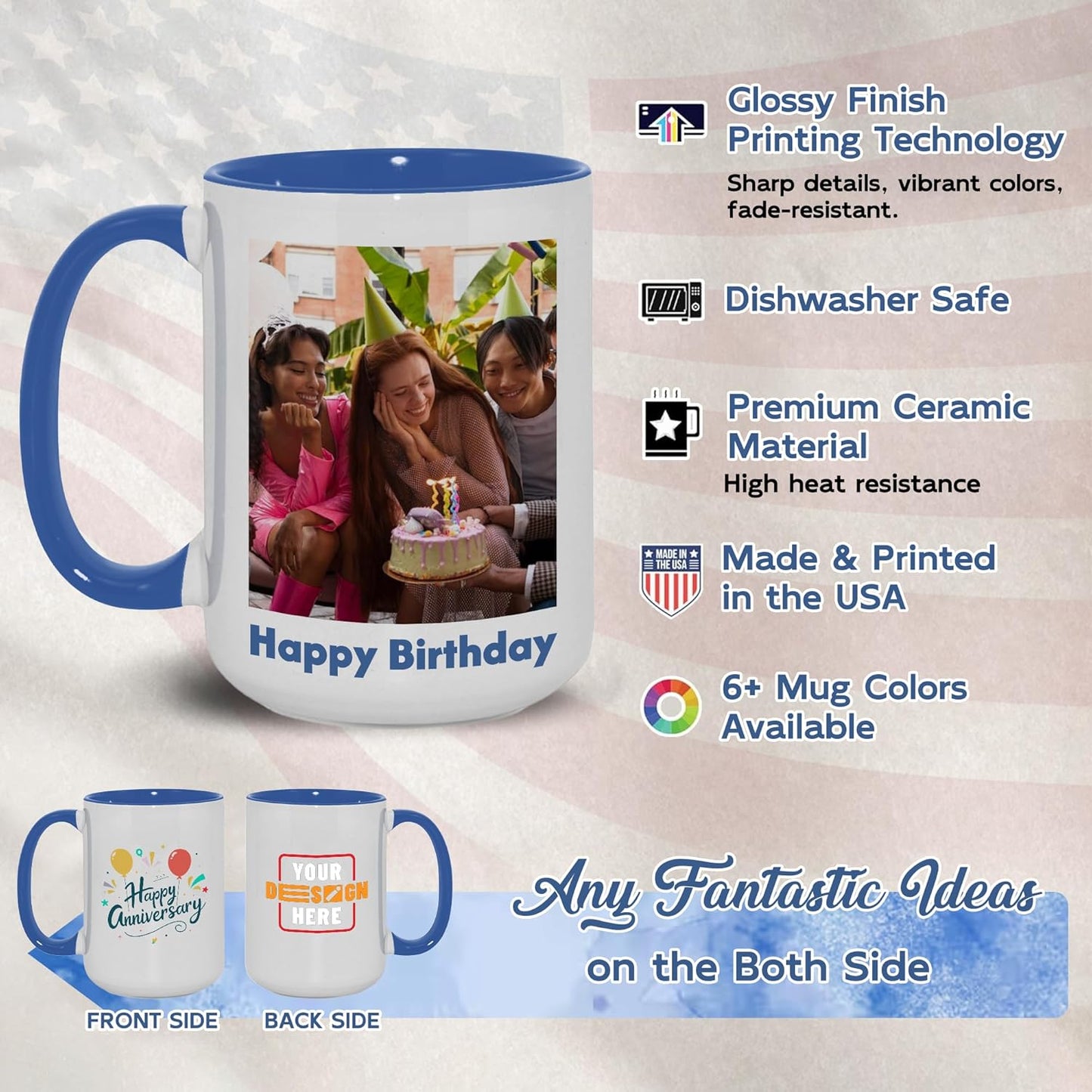 Custom Mug Upload Your Picture Personalized Coffee Mug with Photo Text Name Customized Cup Unique Ideas Gifts for Men Women Mom Dad Halloween Christmas Thanksgiving Friend Family (Blue, 11oz)