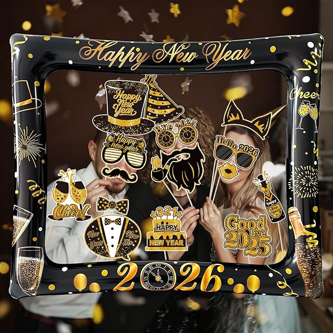 2026 New Year Photo Booth Inflatable Frame Kit, 30Pcs New Years Photo Booth Props with Inflatable Picture Frame Black Gold Decorations for New Year Eve Party Selfie Props Supplies