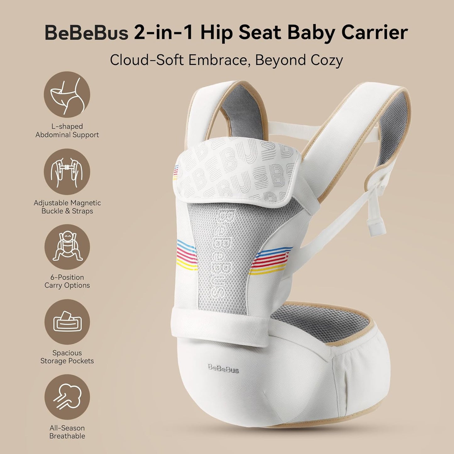 Baby Carrier with Hip Seat, BeBeBus 2-in-1 Ergonomic Newborn to Toddler Carrier up to 44 lbs, Detachable Hands-Free for Infant, All Season Forward-Facing Carry, Fits Waist Sizes up to 38 inch (White)