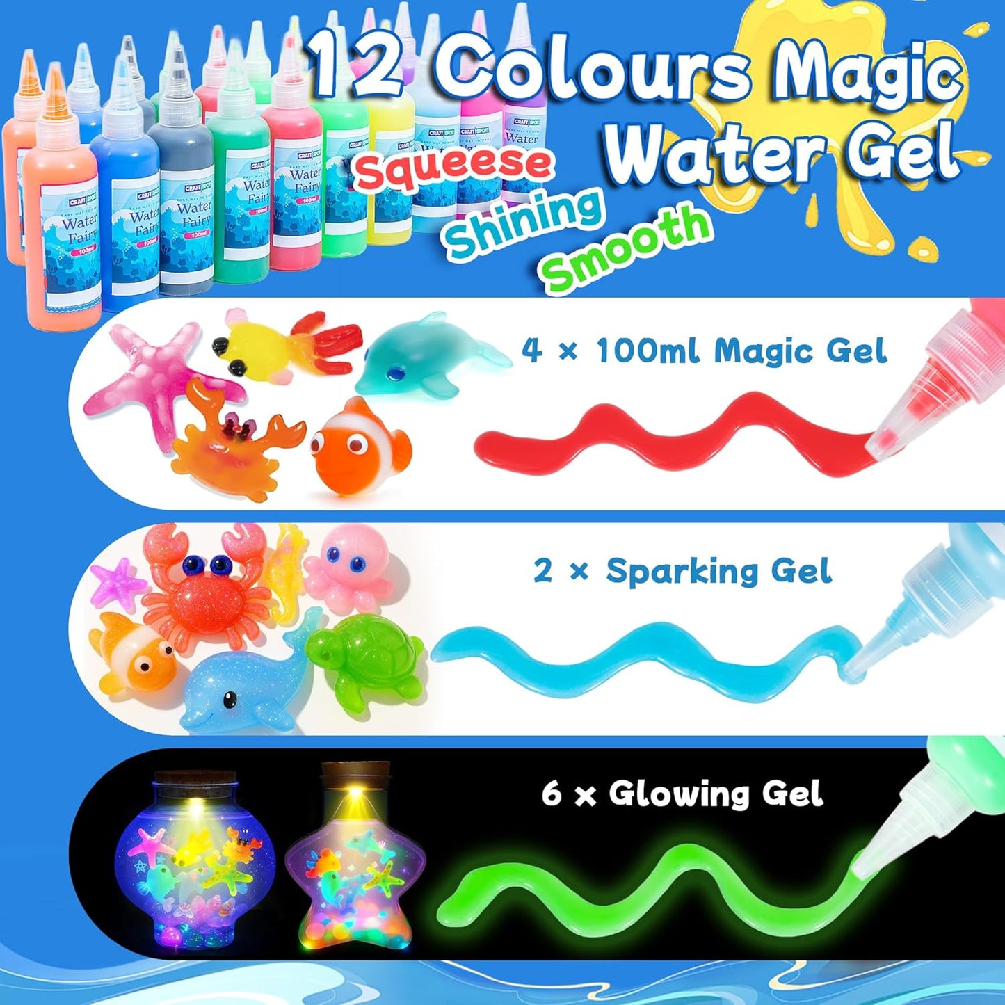 LED Night Light Up, Magic Water Fairy Craft Kit for Kid, Glow-in-The-Dark Magic Gel Water Pets Squishy Kit, Aqua DIY Elf with 18 Molds,100ml Gels, 5000ml Bucket Birthday Gift Make Your Own Sea World