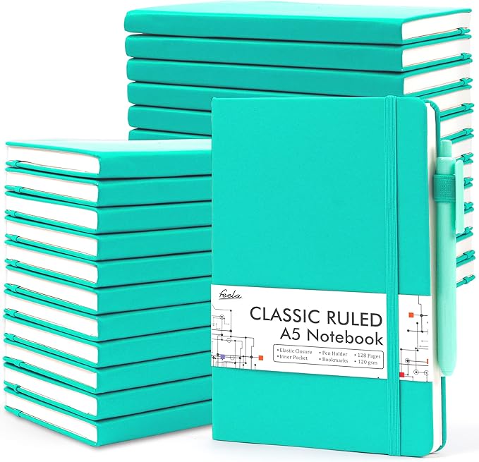 feela 24 Pack Journal Notebook Bulk for Work, Business Notebook Hardcover Lined Writing Journal with Pen Holder for Men Women Note Taking, with 24 Black Pens, 120 GSM, 5.1”x8.3”, A5, Aqua